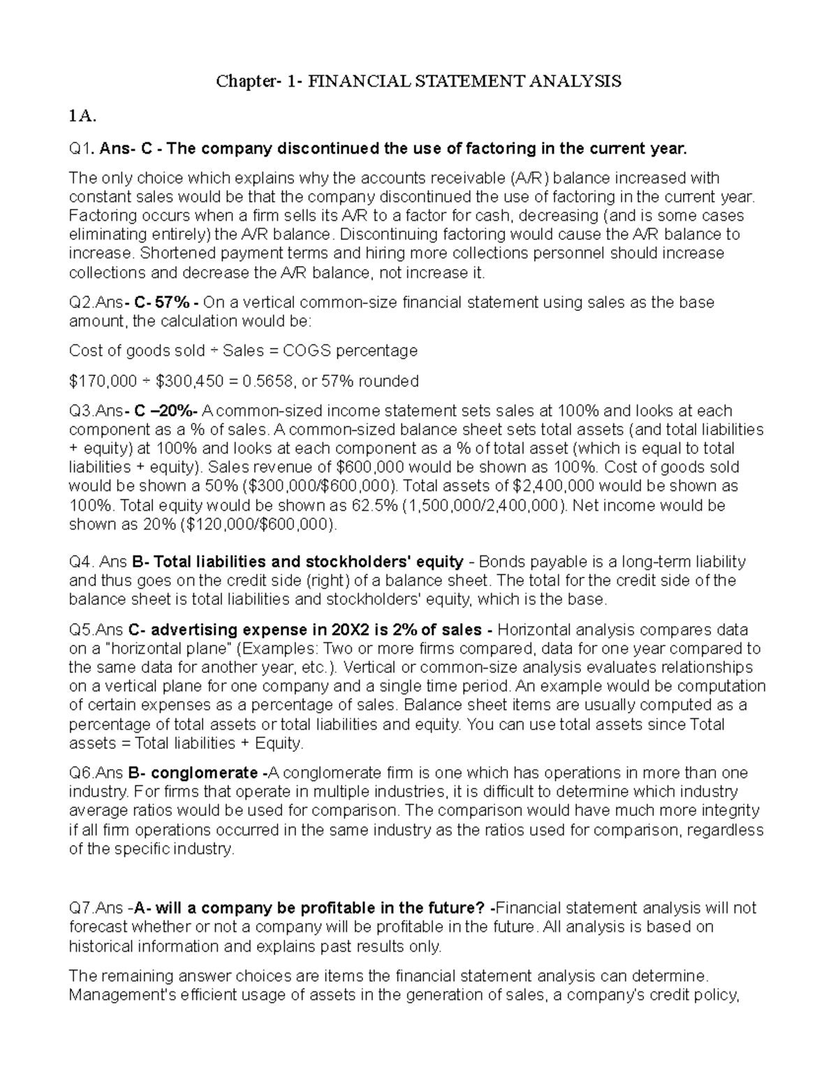 Answer sheet - acca - Chapter- 1- FINANCIAL STATEMENT ANALYSIS 1A. Q1 ...