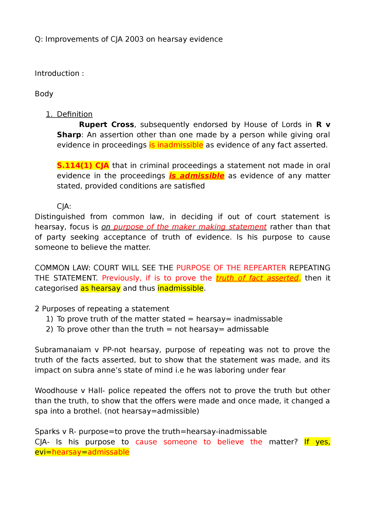 Hearsay essay for sept ukt: Improvements of CJA 2003 on hearsay ...