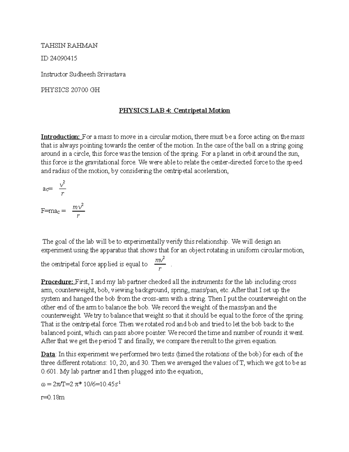 Physics LAB 4 CENTER PETAL FORCE PHYS 20700/20800 CCNY Studocu