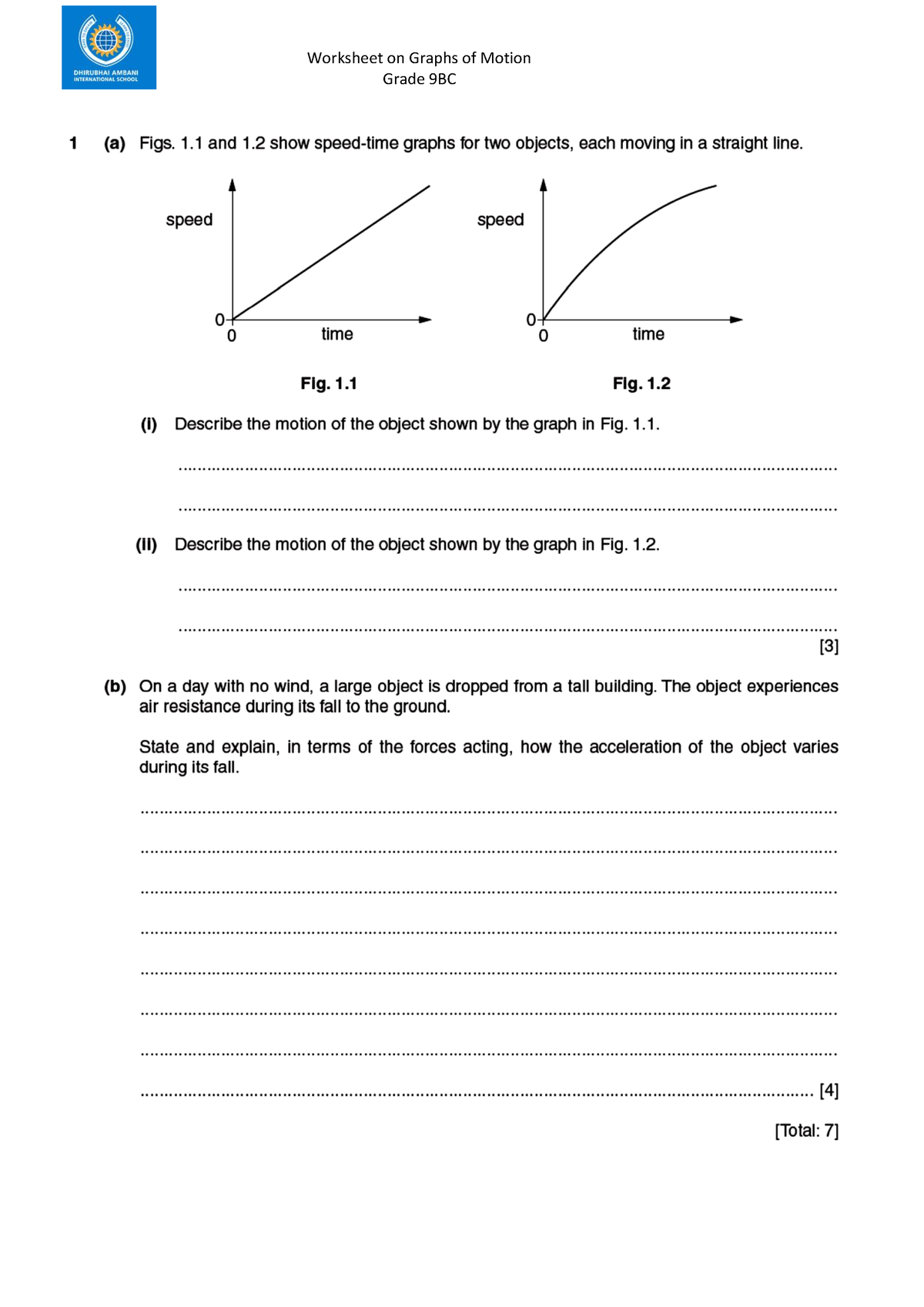 Revision Graphs of Motion WS1 - Physics141L - Worksheet on Graphs of ...