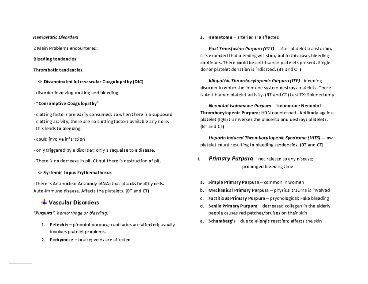 Hemostatic Disorders summaries Hemostatic Disorders 2 Main Problems