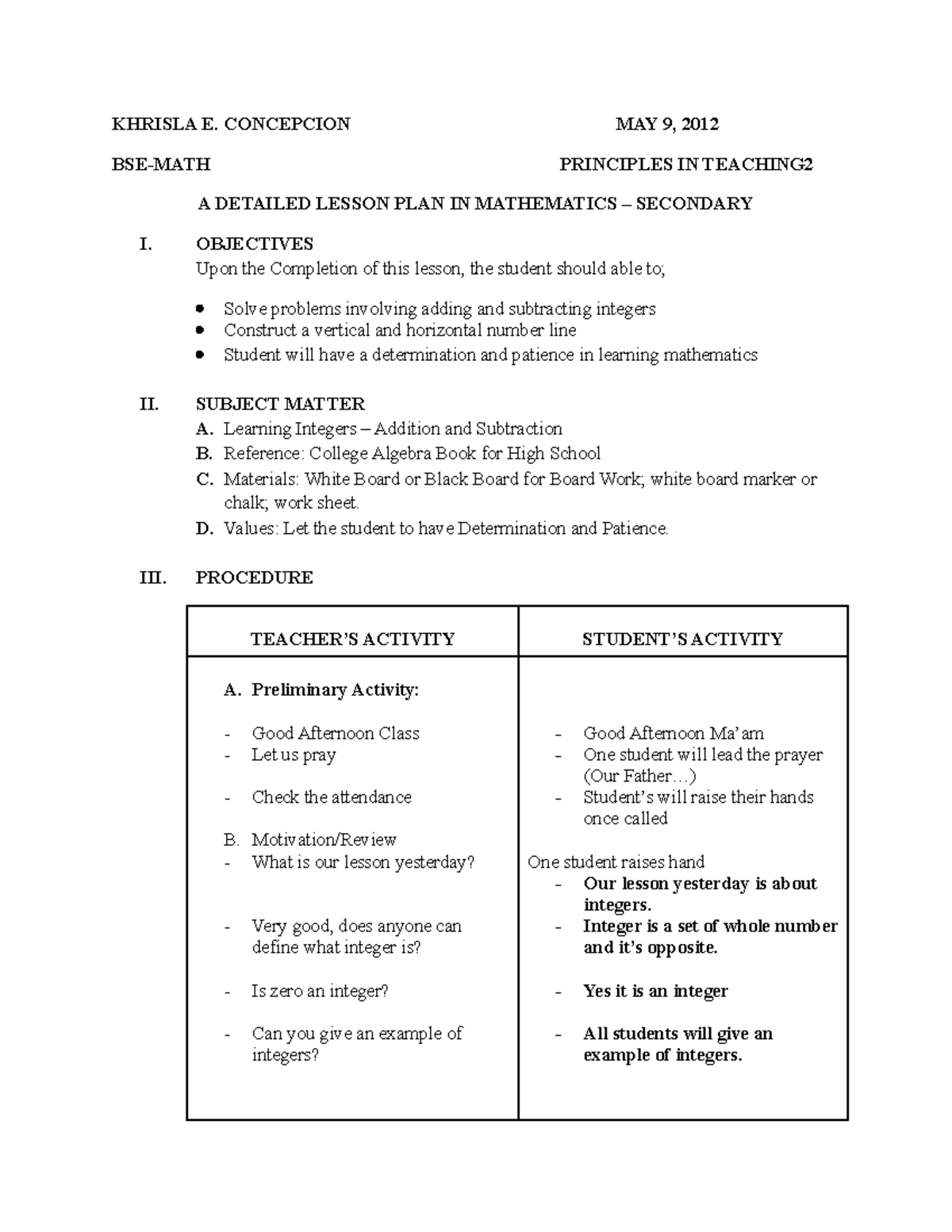 Sample Lesson Plan - Khrisla E. Concepcion May 9, 2012 Bse-math 