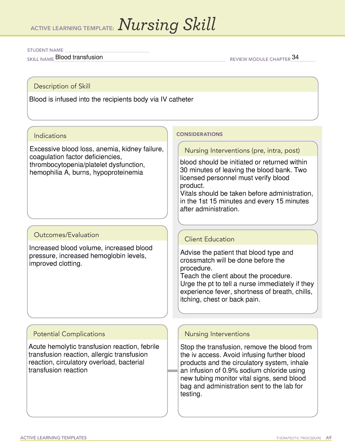 Blood transfusion ALT ACTIVE LEARNING TEMPLATES THERAPEUTIC PROCEDURE