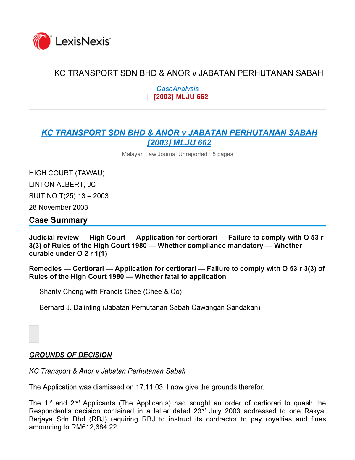 Kc Transport Sdn Bhd Anor V Jabatan Perhutanan Sabah Law Cardiff Studocu