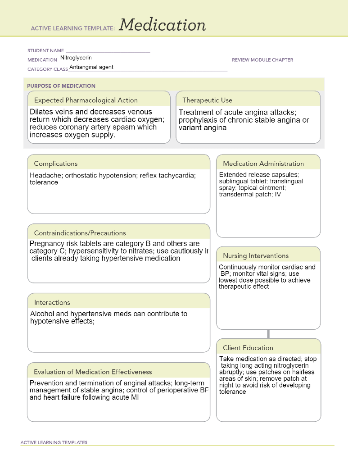 Nitroglycerin Pharmacology Worksheet NURSE 154 OC Studocu