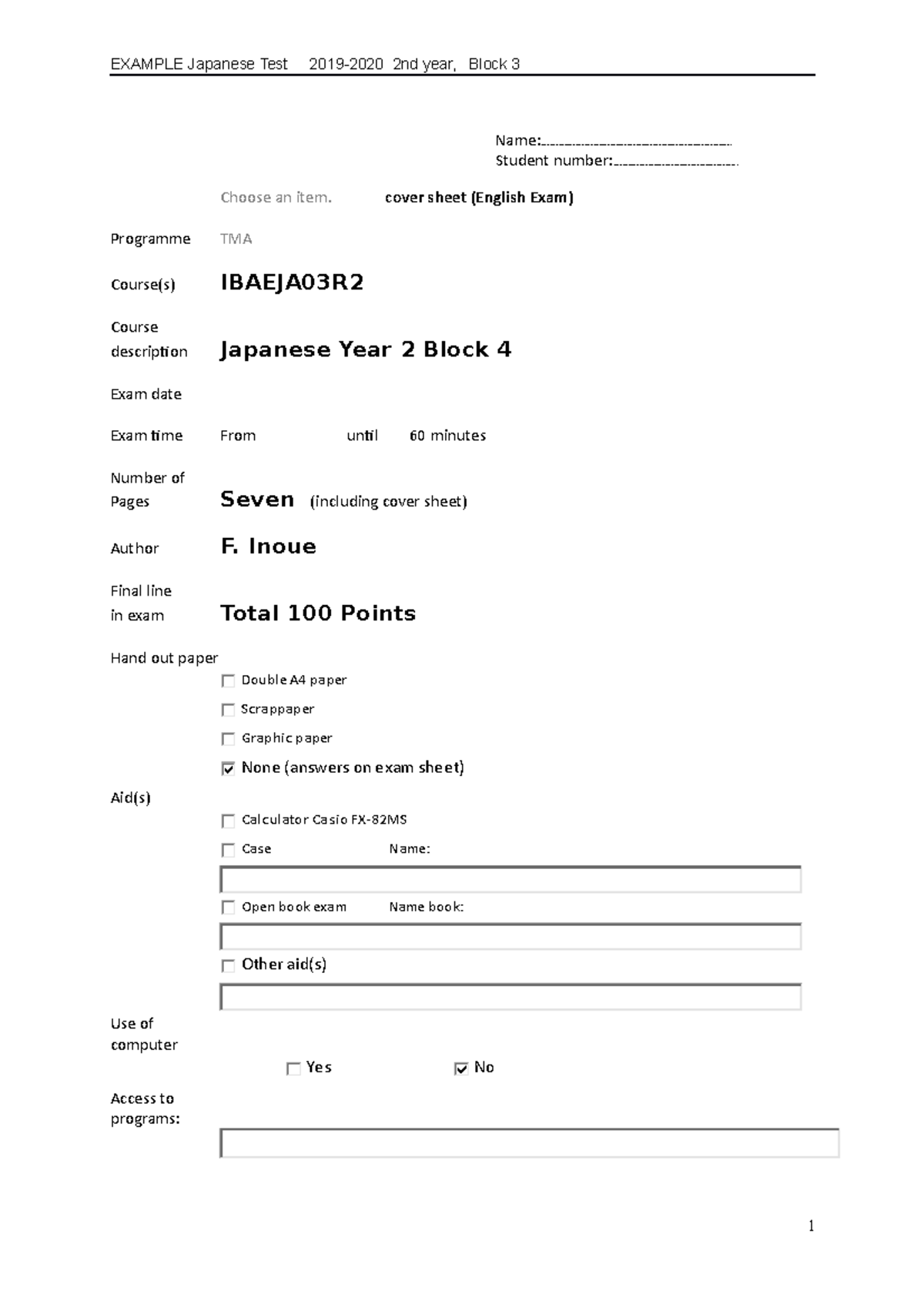 Exam Example Japanese - China En Japan In De Klas - Hogeschool ...