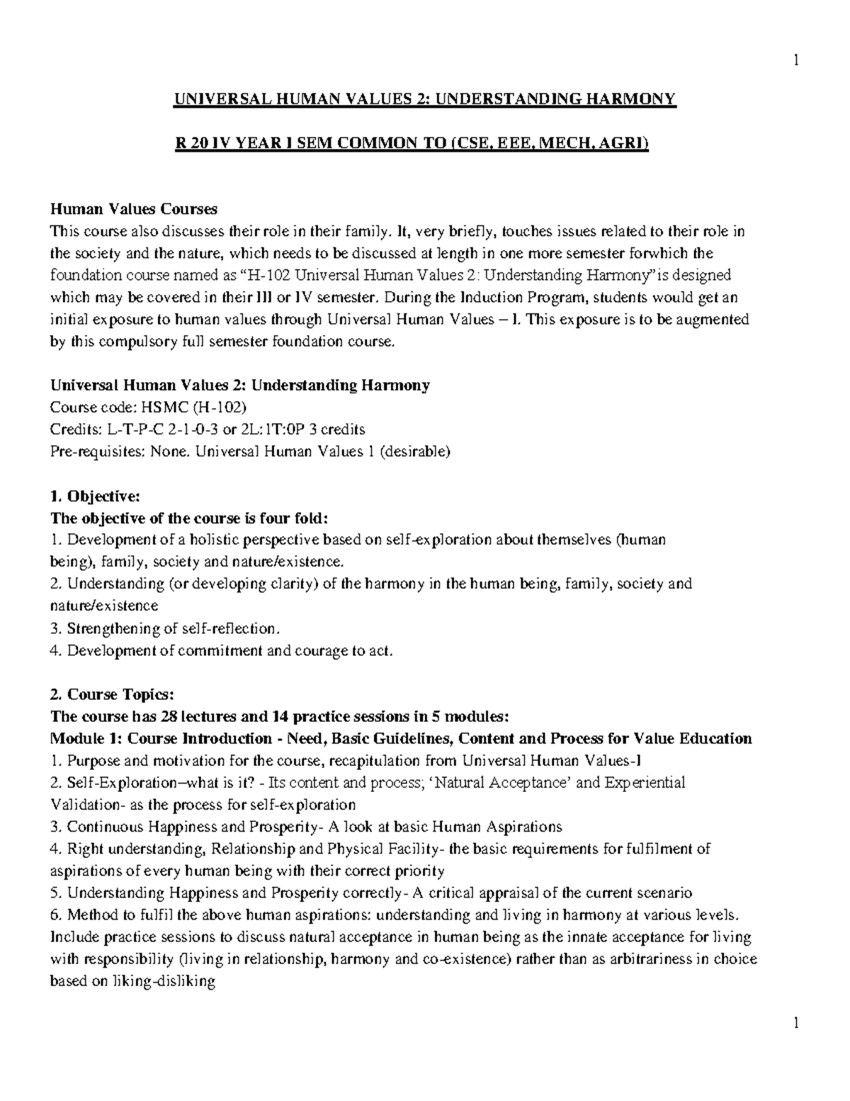 UVH-1 - a good notes to prepare well in exams - UNIVERSAL HUMAN VALUES ...