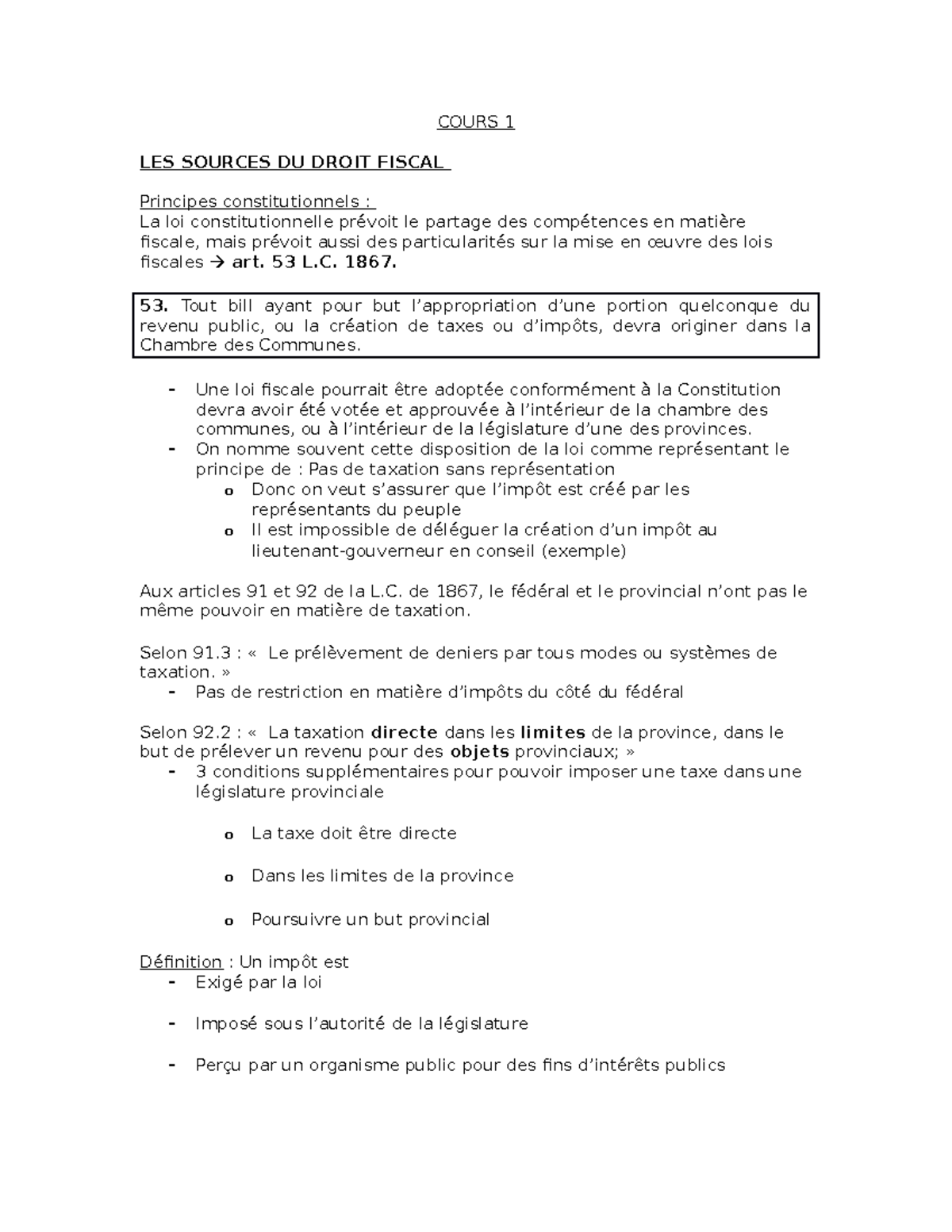 Cours 1 - fiscal - COURS 1 LES SOURCES DU DROIT FISCAL Principes ...