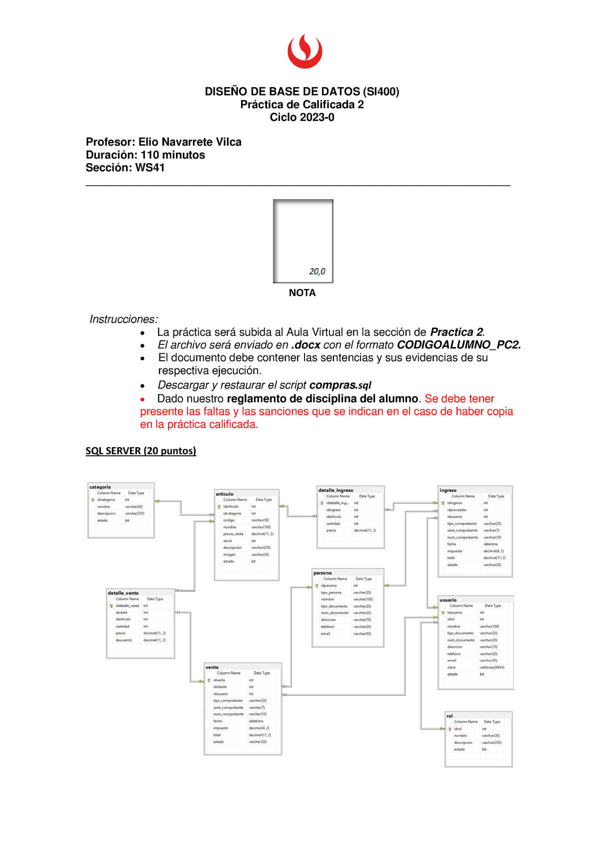 Pc2 2023 0 De Base De Datos DiseÑo De Base De Datos Si400 Práctica De Calificada 2 Ciclo 9732