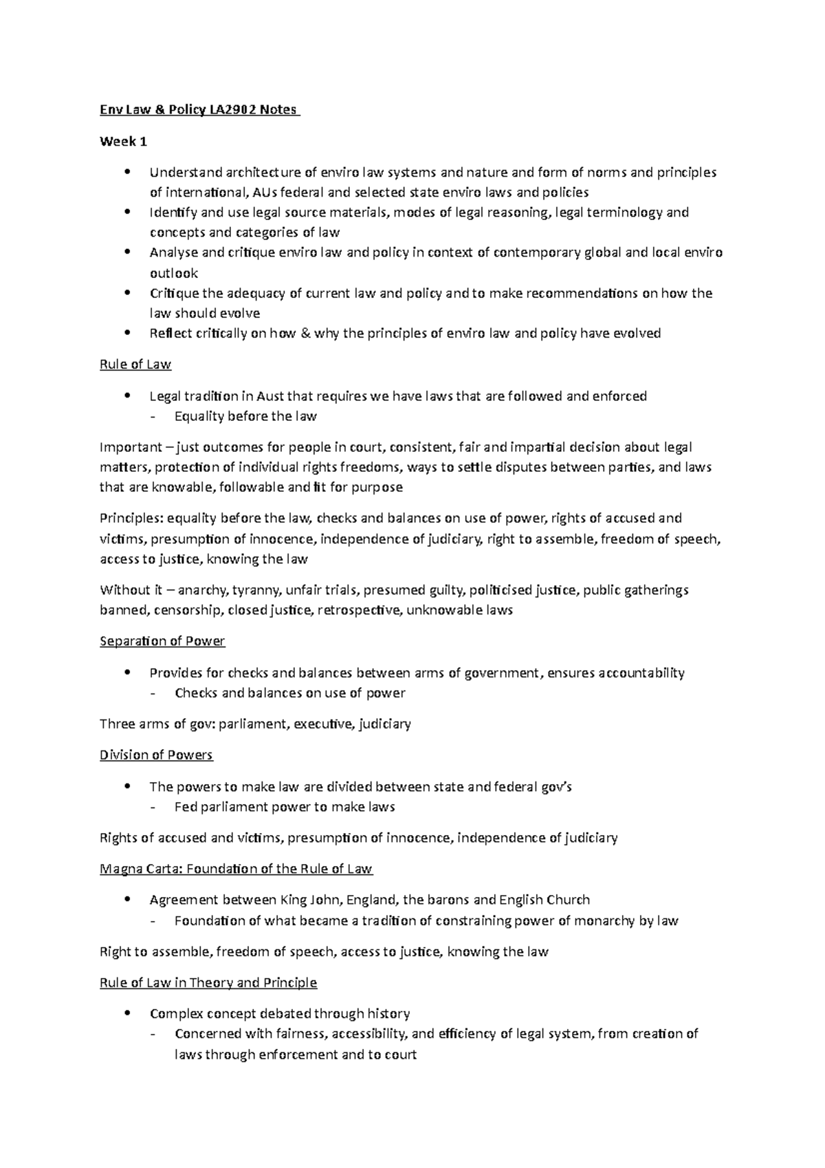 Env Law Notes Env Law Policy La2902 Notes Week 1 Understand