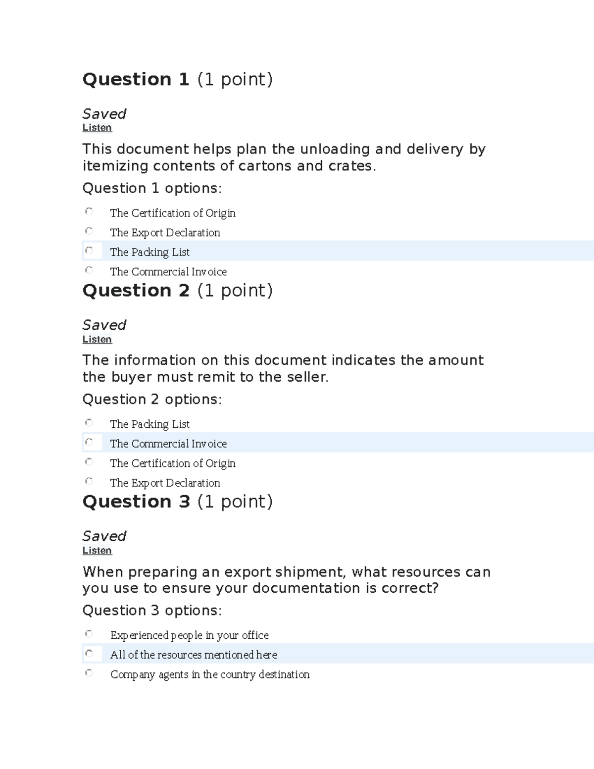 INTL 729 Quiz 1 - Question 1 (1 point) Saved Listen This document helps ...