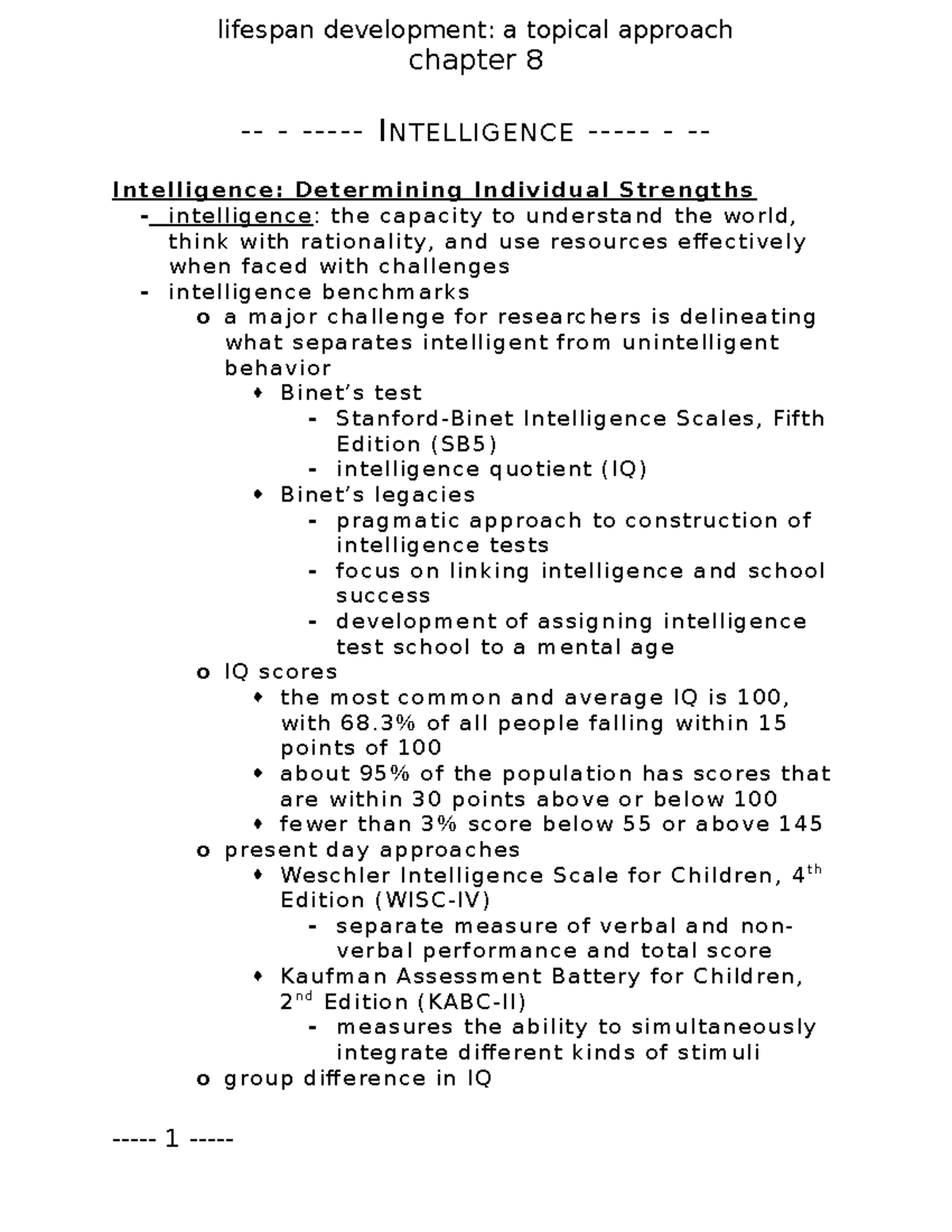 Chapter 8 Notes - INTELLIGENCE - Intelligence: Determining Individual ...