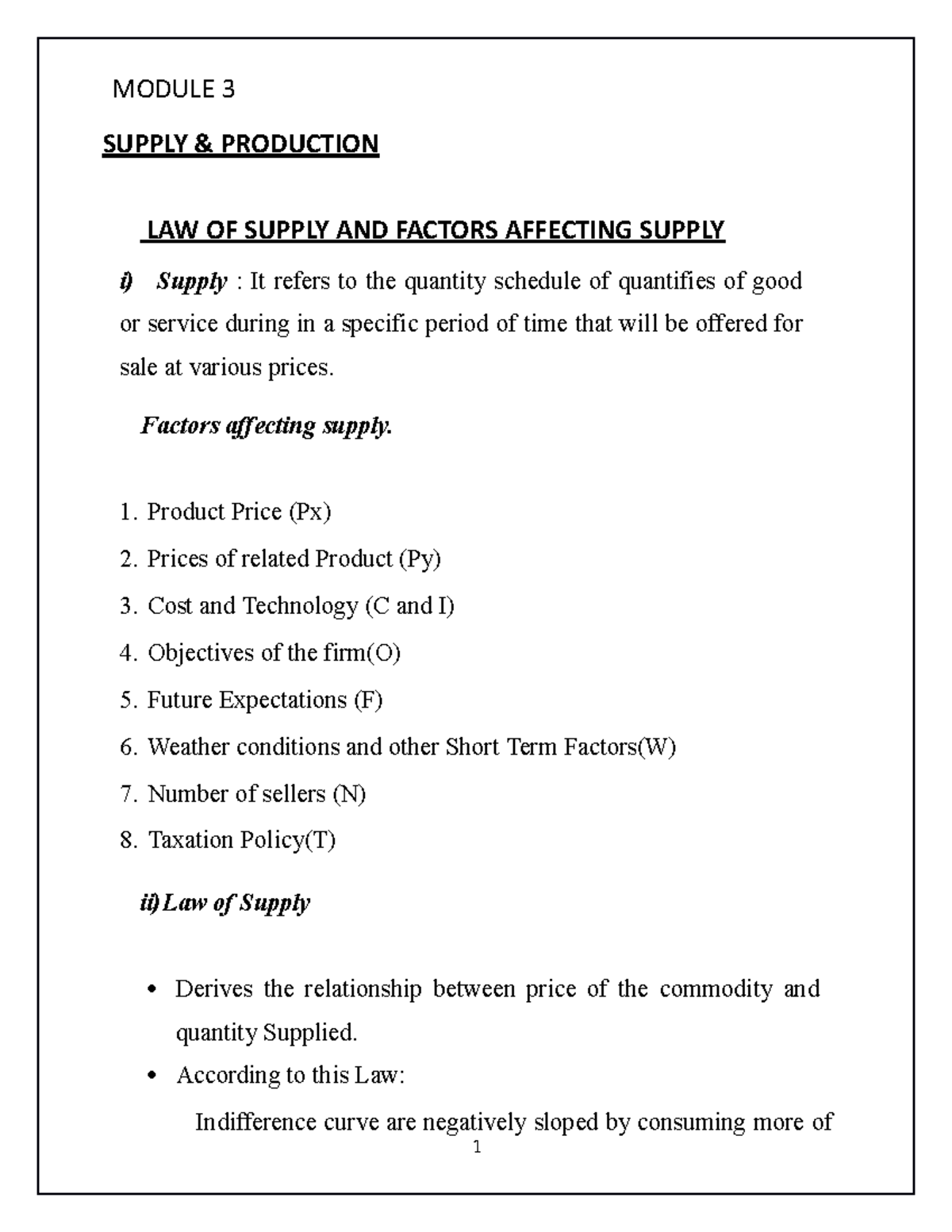Module 3 business economics - MODULE 3 SUPPLY & PRODUCTION LAW OF ...