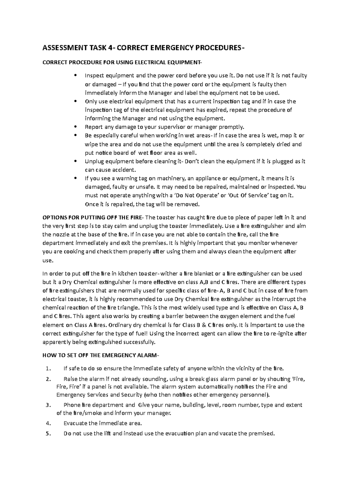Assessment TASK 4- Emergency Procedure - ASSESSMENT TASK 4- CORRECT ...