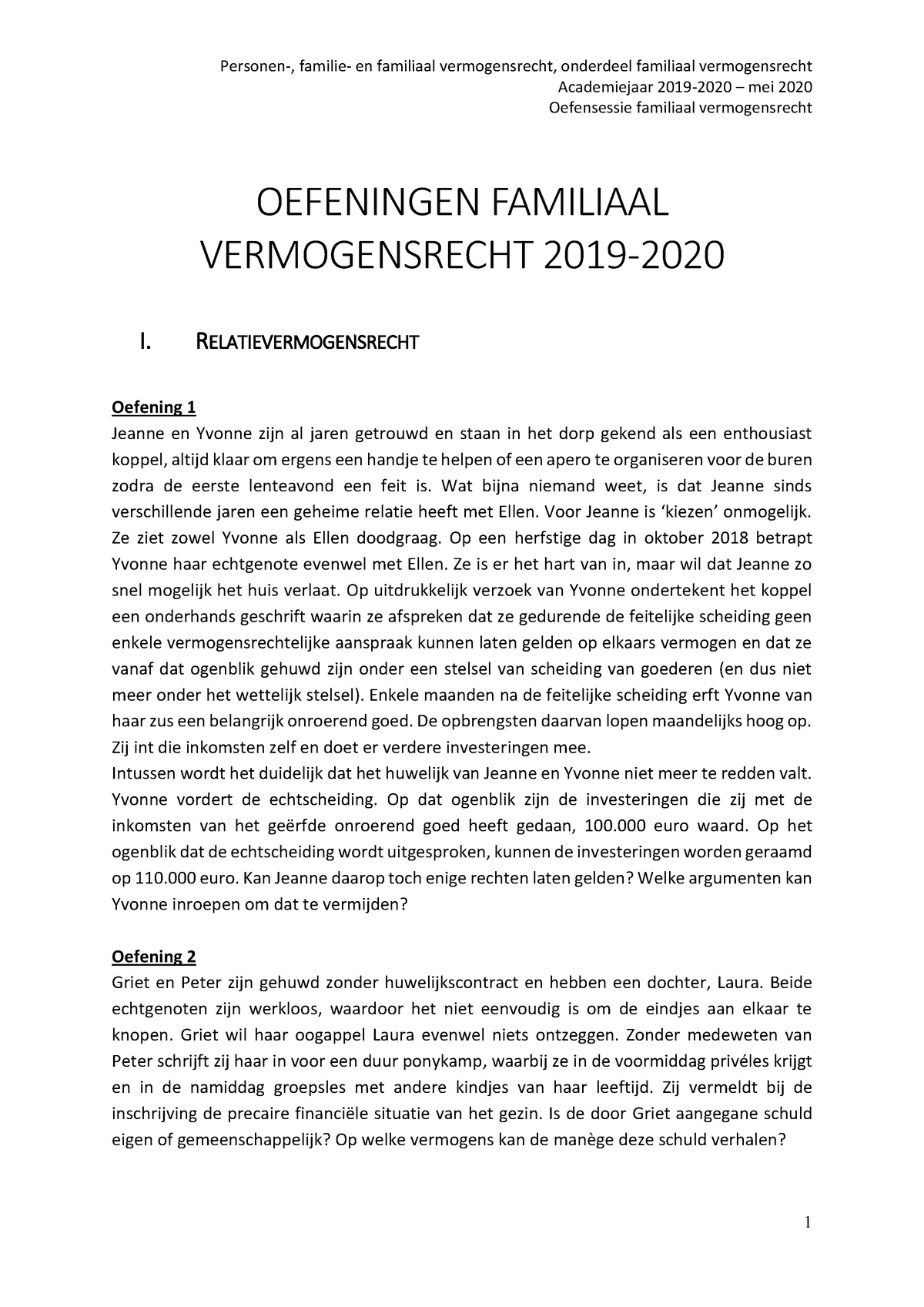 Opgave Oefeningen Familiaal Vermogensrecht - Academiejaar 2019-2020 ...