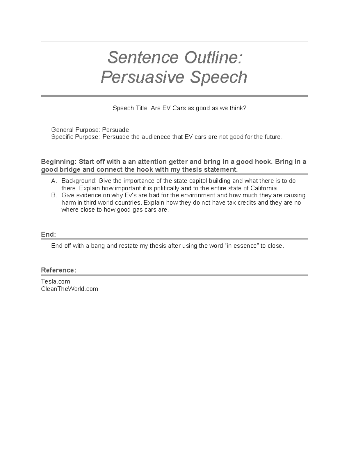 Persuasive Outline - good notes - Sentence Outline: Persuasive Speech ...