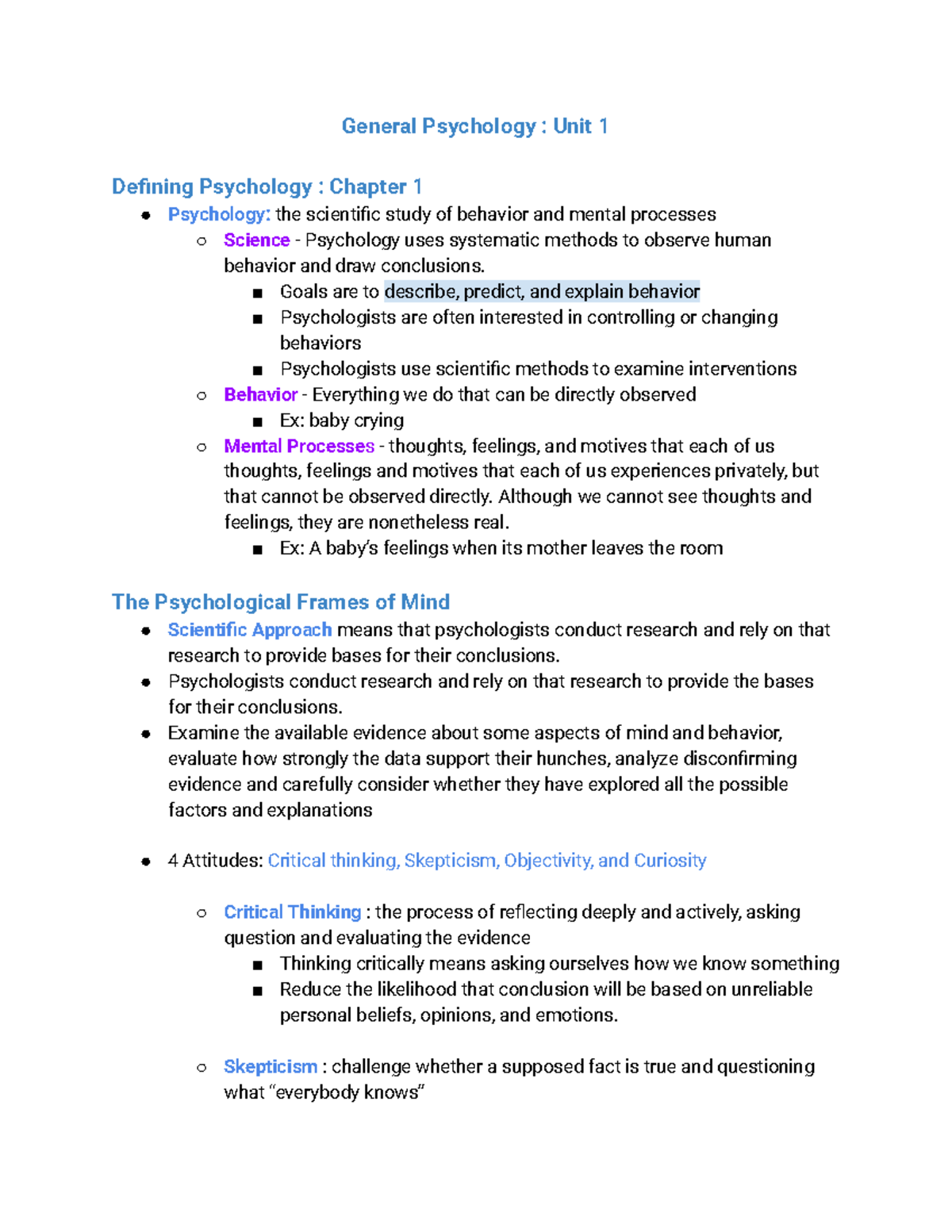 Unit 1 - General Psychology Lecture Notes - PSYC 2301 - Studocu