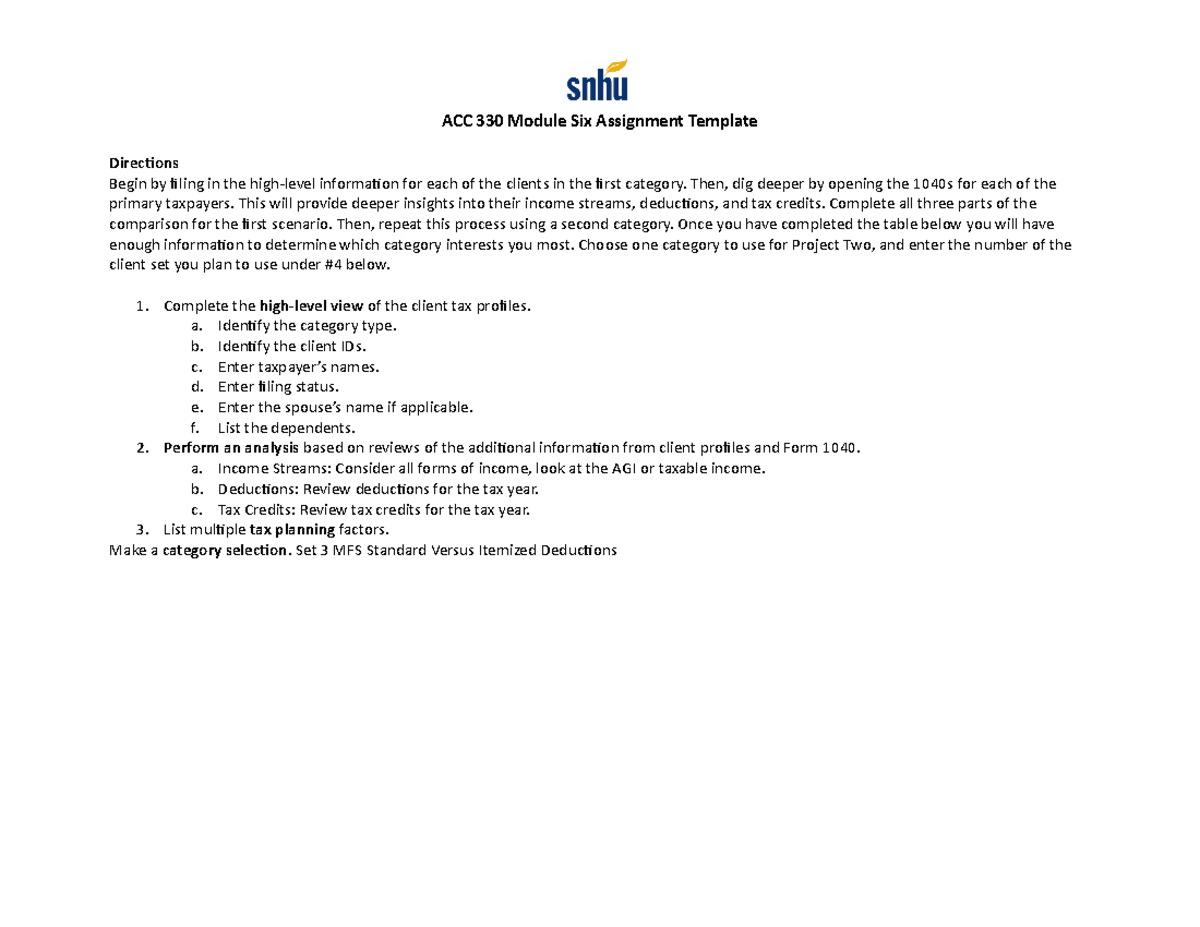 ACC 330 Module Six Assignment - Then, dig deeper by opening the 1040s ...