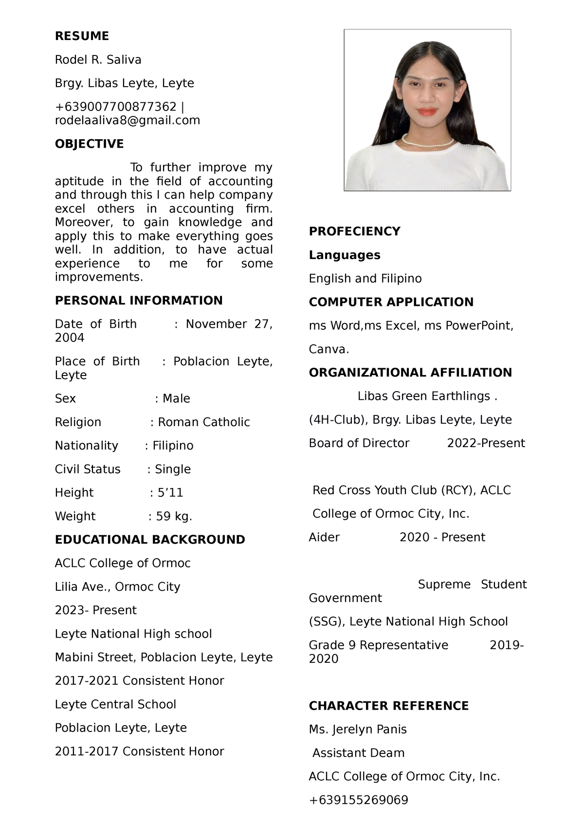 RWPS Office - RESUME - RESUME Rodel R. Saliva Brgy. Libas Leyte, Leyte ...