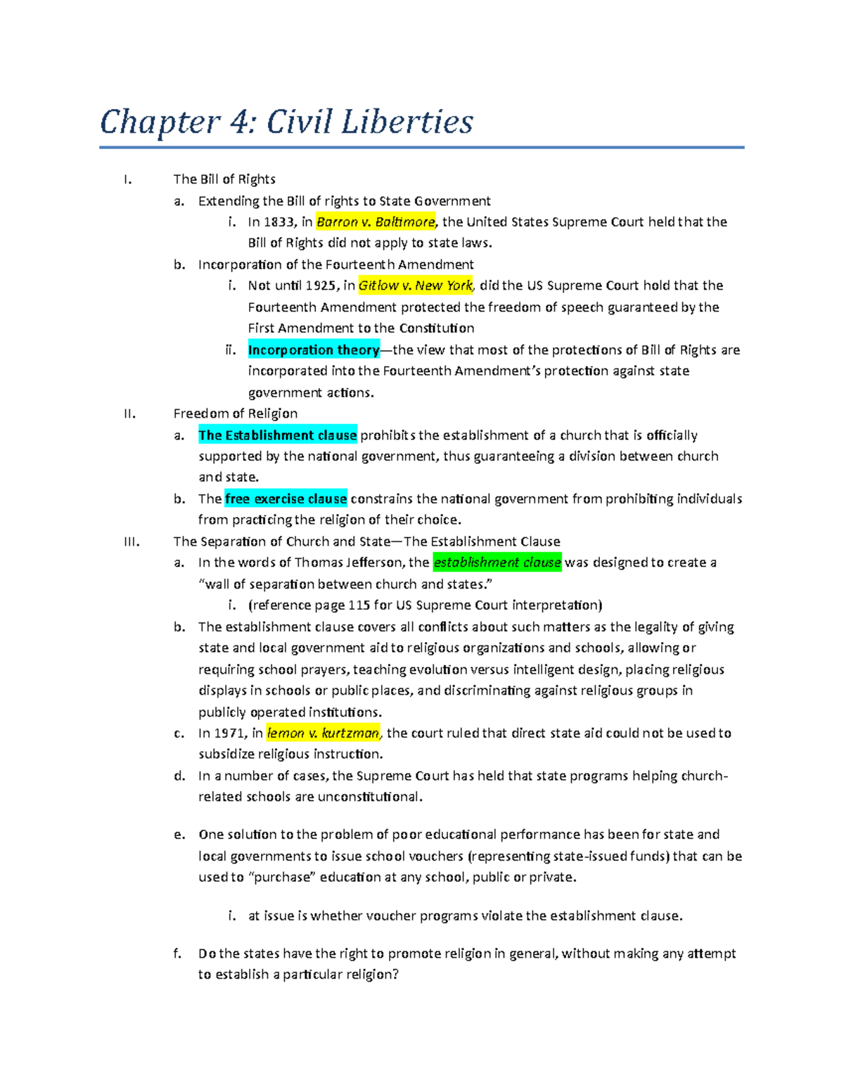 Chapter 4 - Lecture Notes 1 - Chapter 4: Civil Liberties I. The Bill Of ...