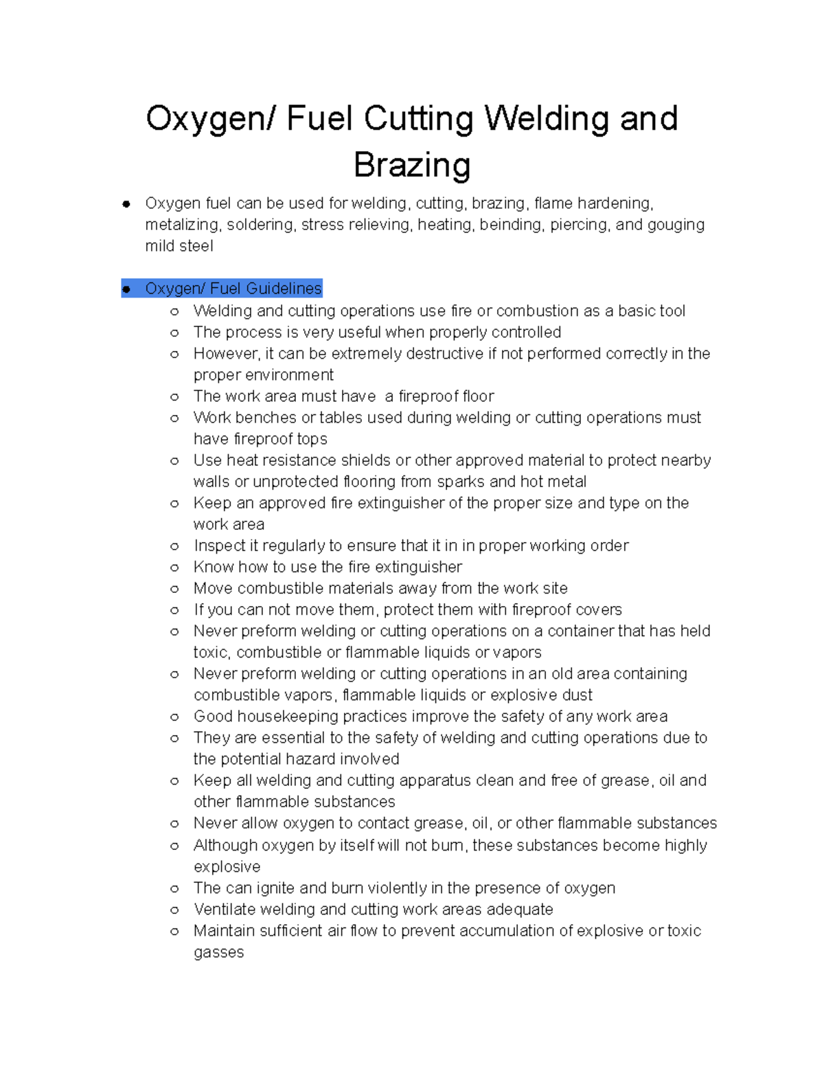 Oxygen Fuel Cutting Welding and Brazing Oxygen/ Fuel Cutting Welding