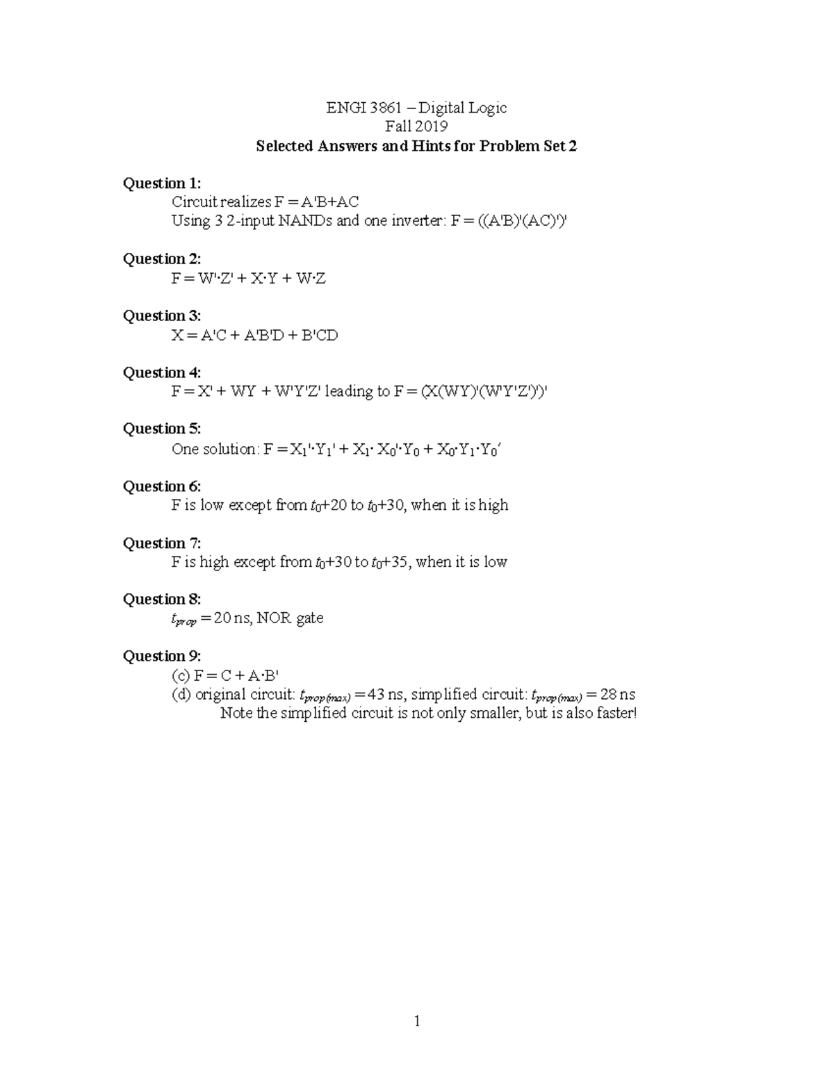 Problem Set 2 Answers 2019 - 1 ENGI 3861 – Digital Logic Fall 2019 ...