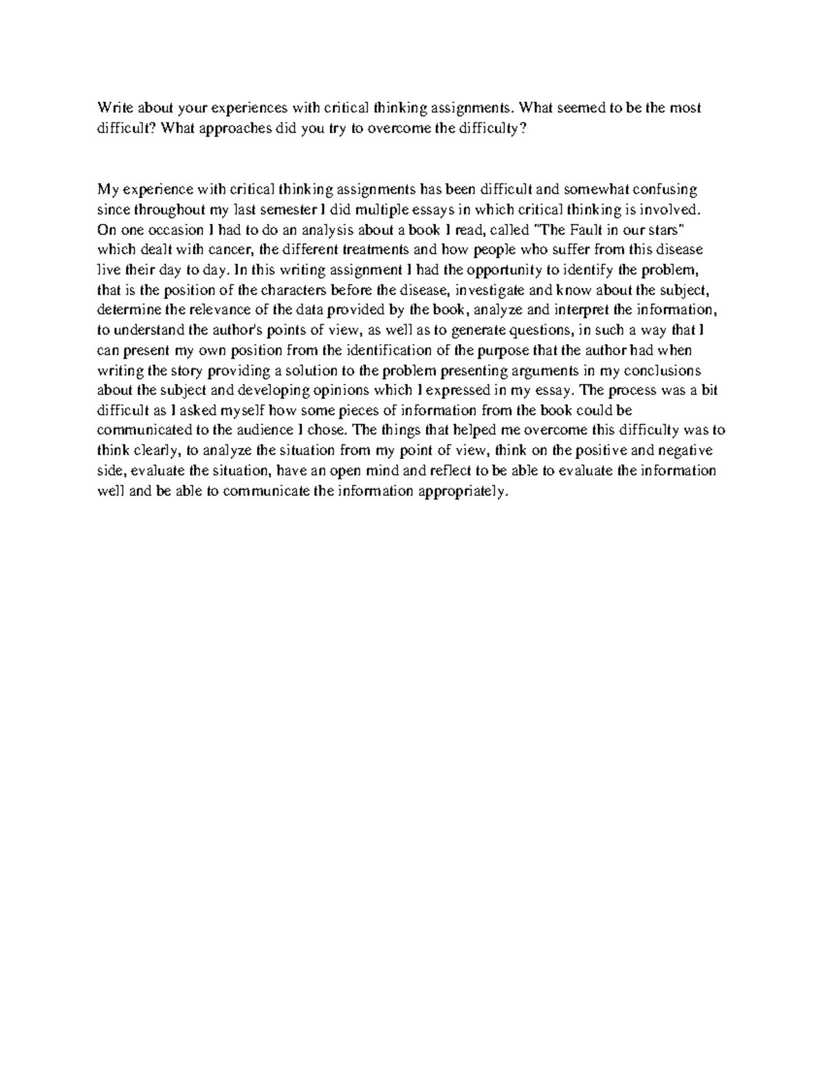 Critical thinking in college (Question 1)- Wendy Martinez - Write about ...