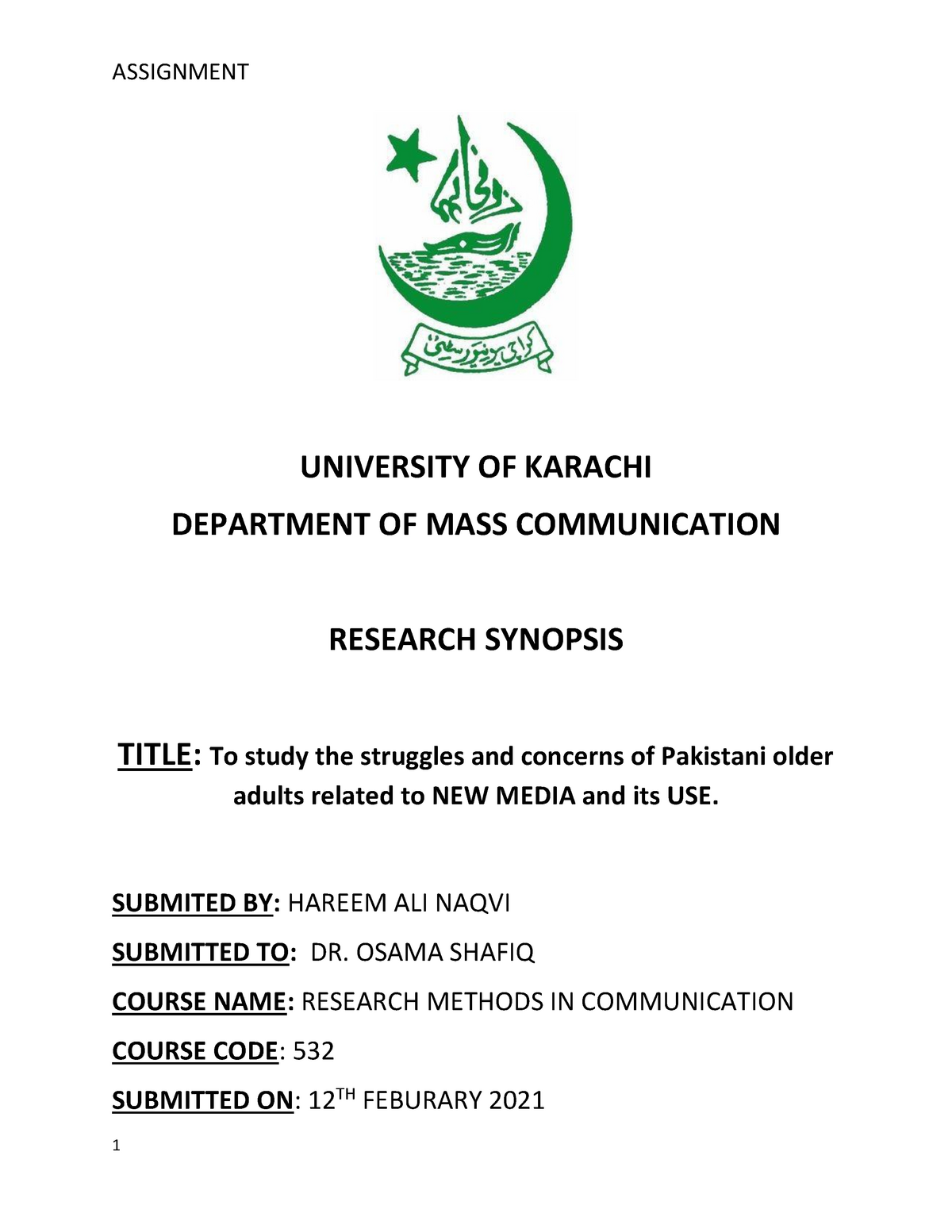 karachi university assignment title page