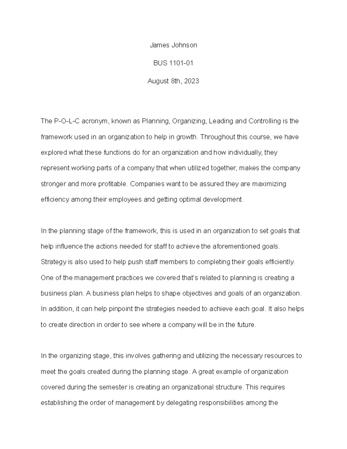 POLC - POLC framework - James Johnson BUS 1101- August 8th, 2023 The P ...