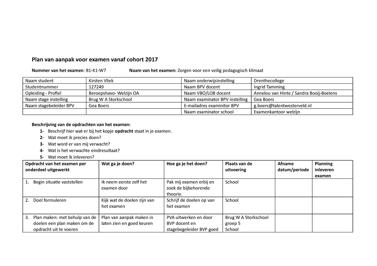 Pva B1 K1 W7 Zorgt Voor Een Veilig Pedagogisch Klimaat Plan Van