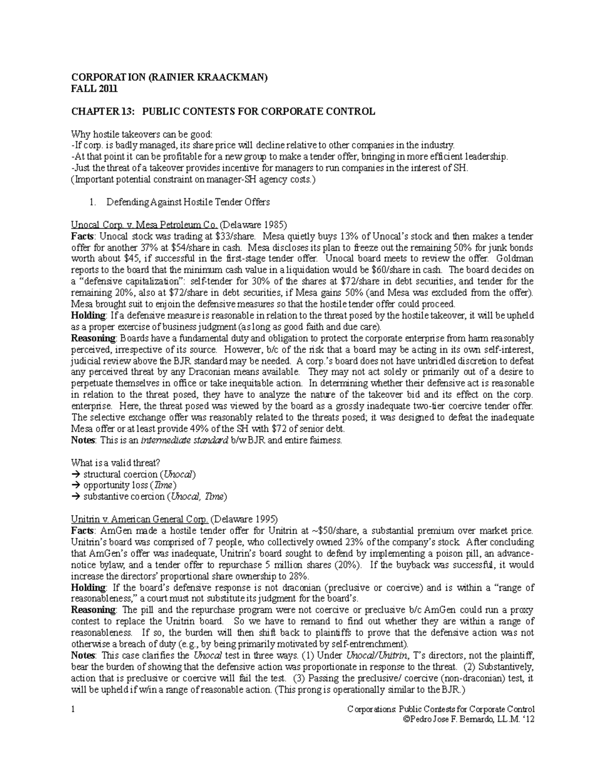 Corporation Law lecture notes with Prof. Kraakman - CORPORATION ...