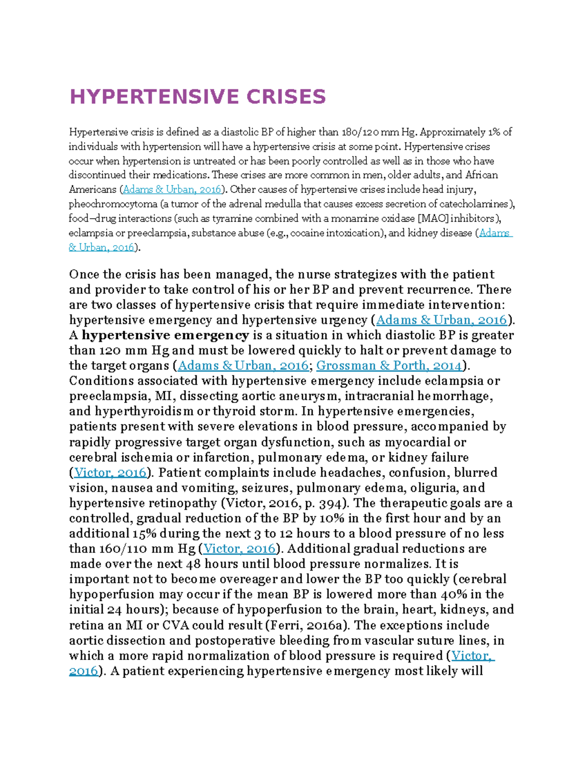 Hypertensive Crises Summary Nursing And Healthcare Vii Adult Health