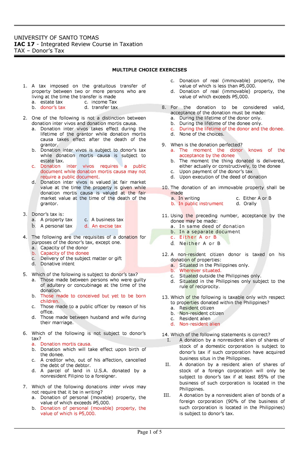 Donor s Tax Exam- Answers - UNIVERSITY OF SANTO TOMAS IAC 17 Sns-Brigh10