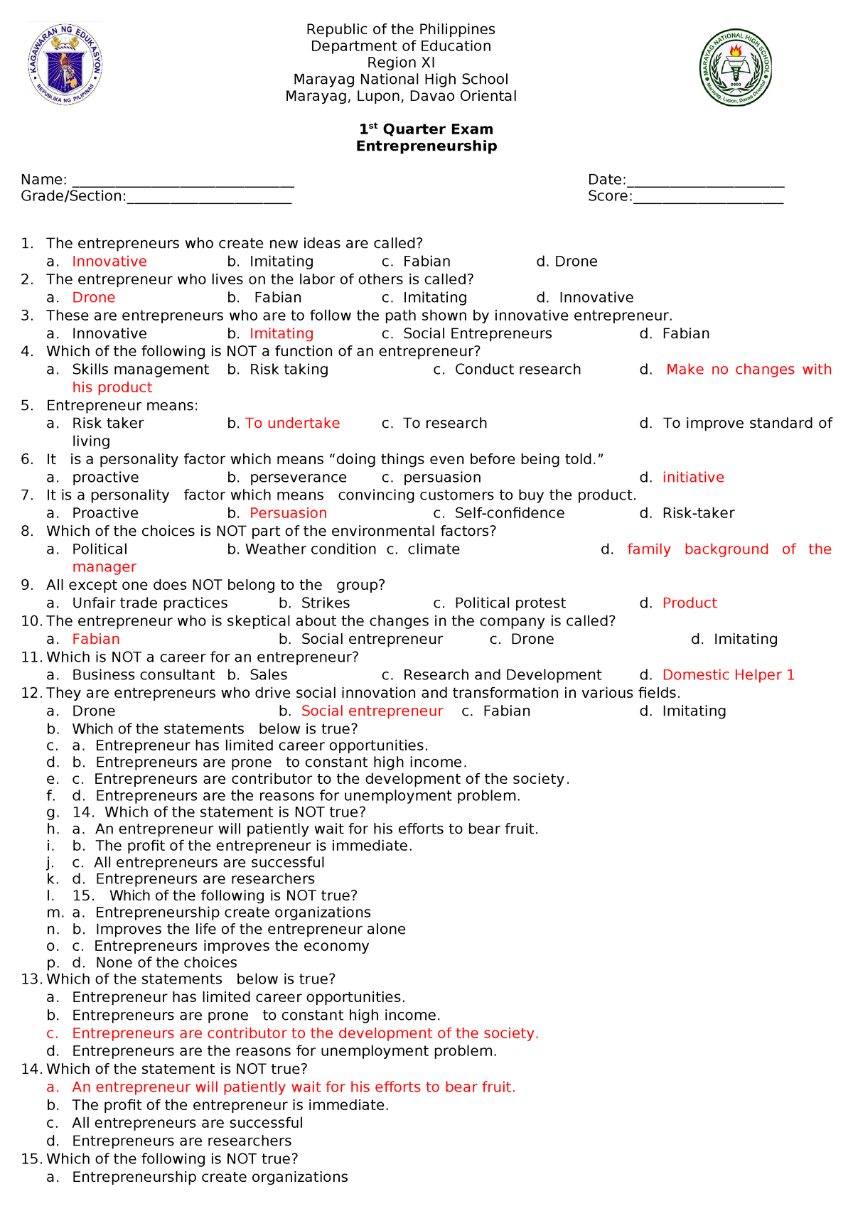 Entrep 1st Quarter Exam - Republic Of The Philippines Department Of ...