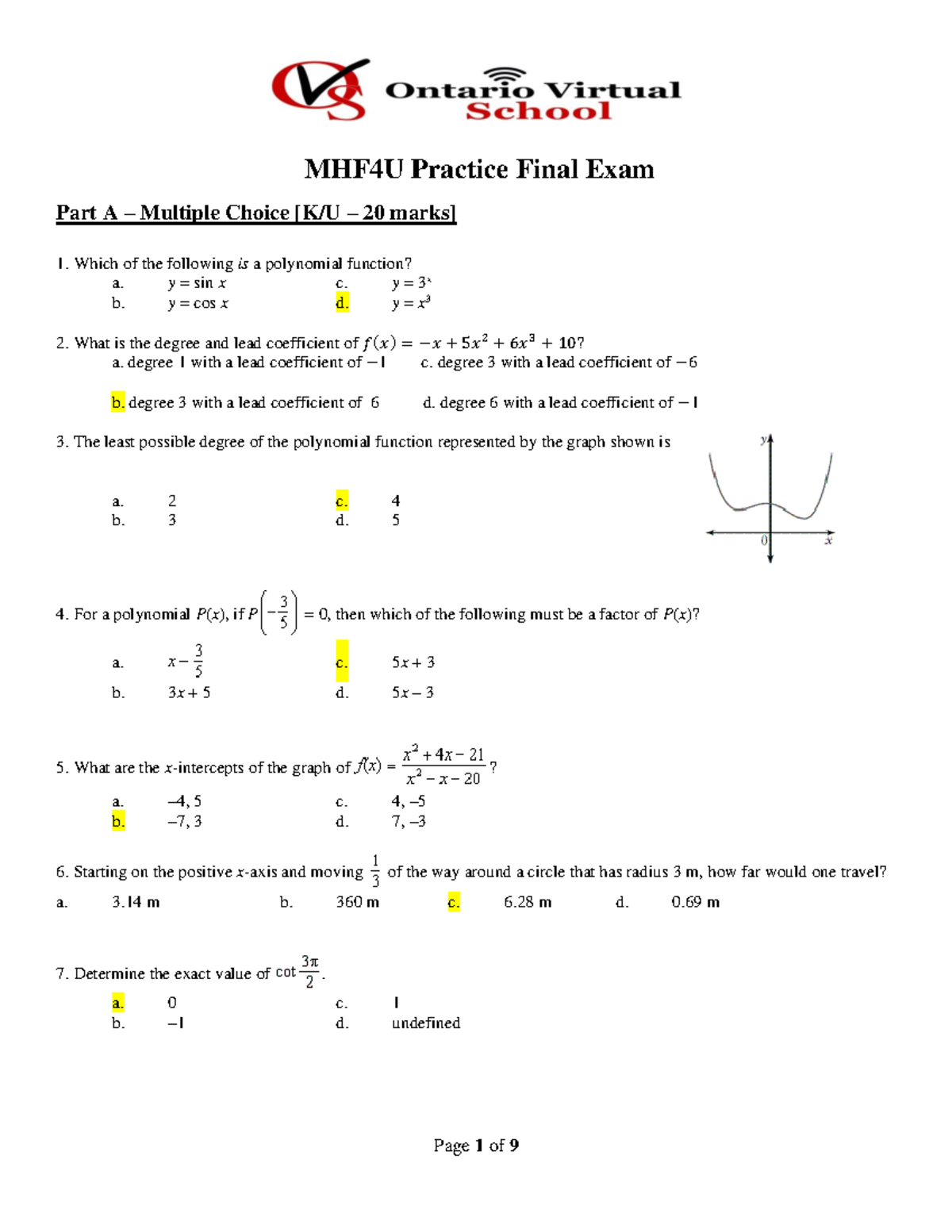 Final Exam Practice Solutions - MHF4U Practice Final Exam Part A ...