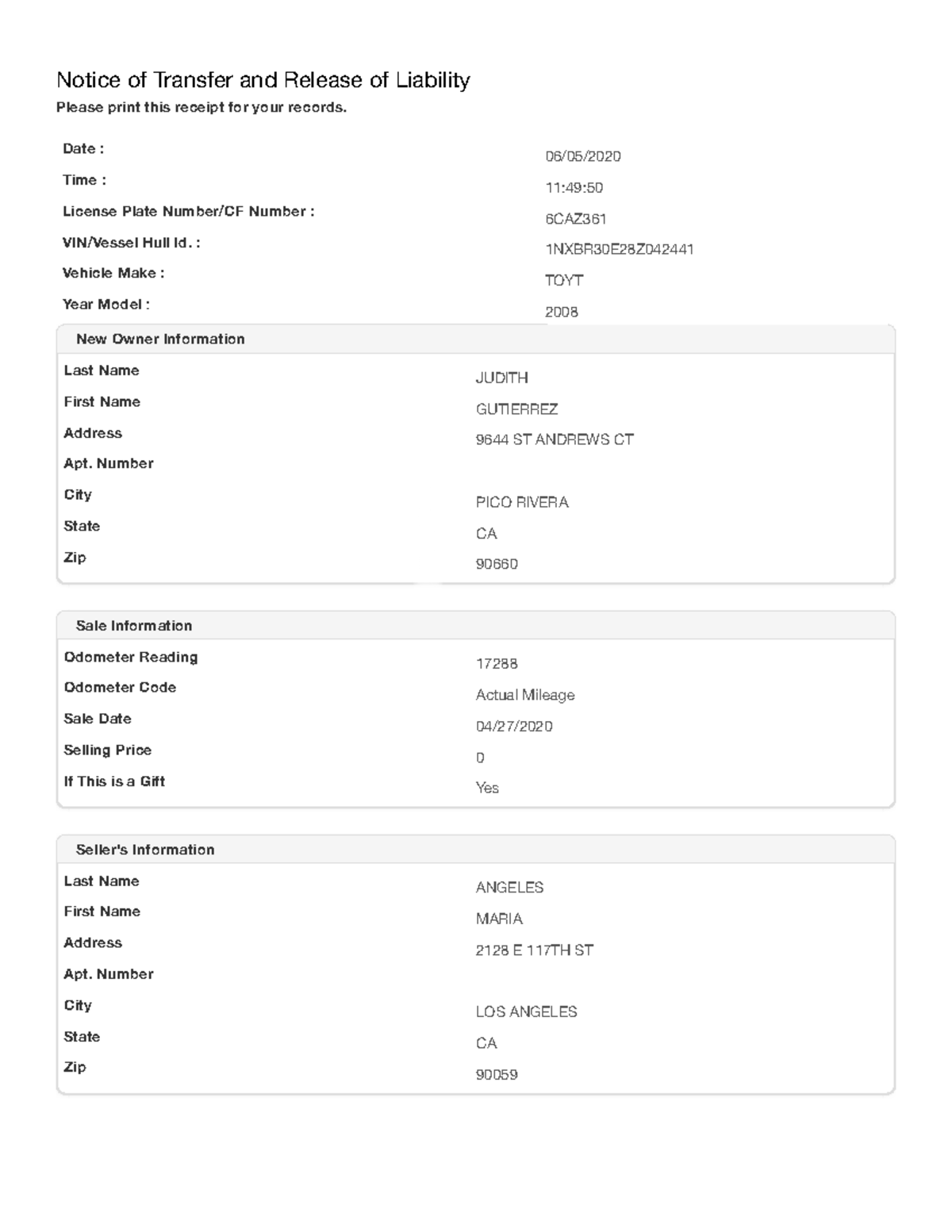 Notice of Transfer and Release of Liability-Receipt - Notice of ...