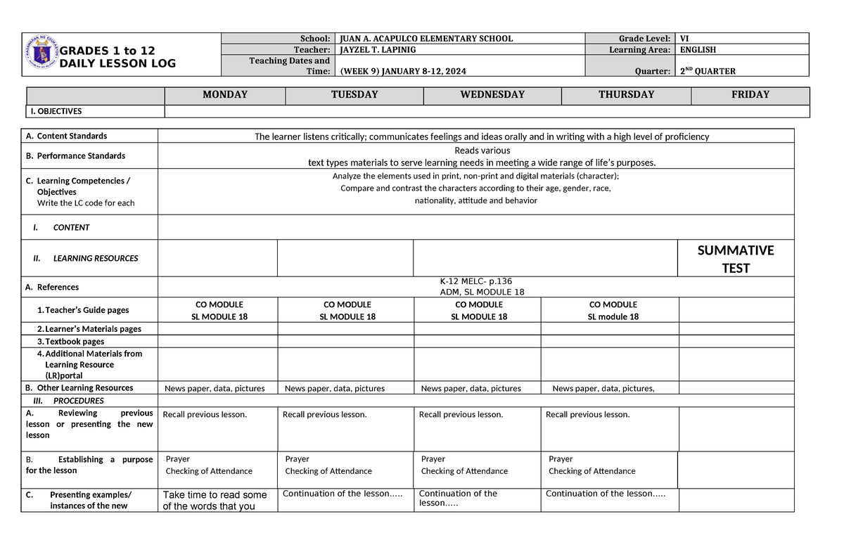 DLL English 6 Q2 W9 - THANKS - GRADES 1 To 12 DAILY LESSON LOG School ...