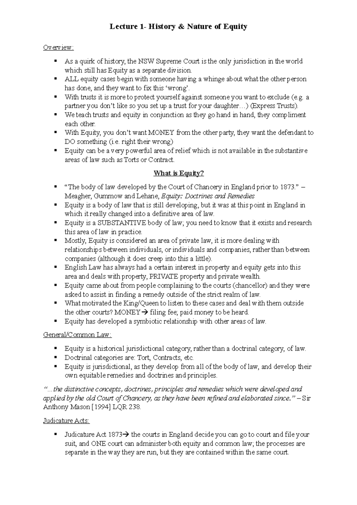 Lecture 1 History of Equity Overview As a quirk of history, the NSW