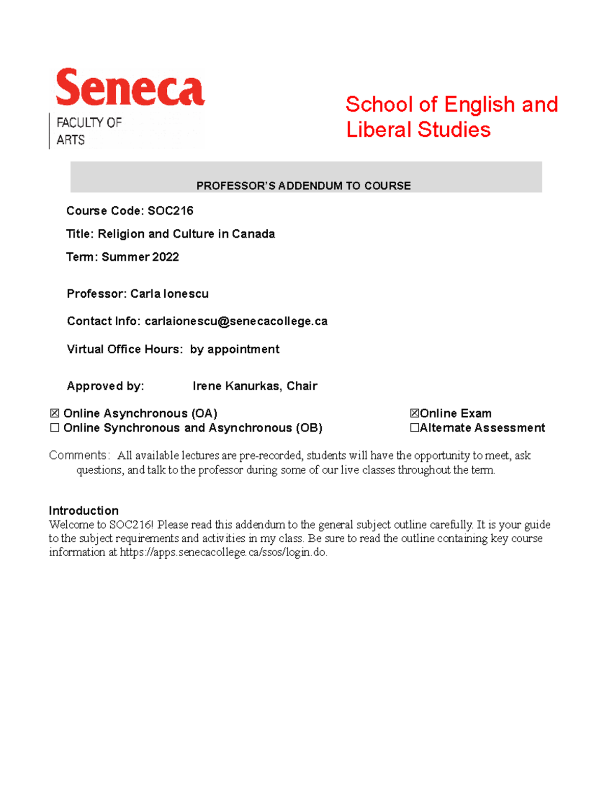 SOC216 Addendum Summer 2022 - Course Code: SOC Title: Religion and ...