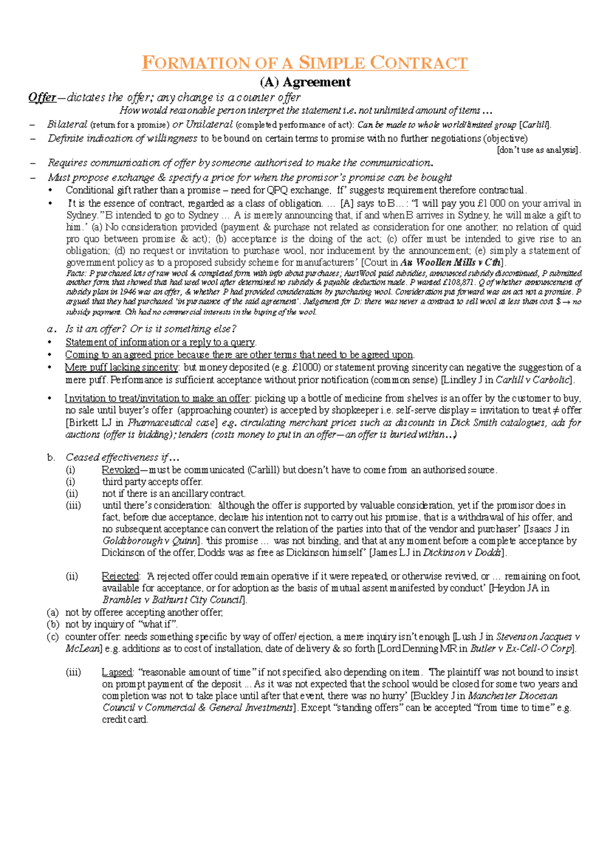 Summary Contract Cases and Materials lecture 113 FORMATION OF A