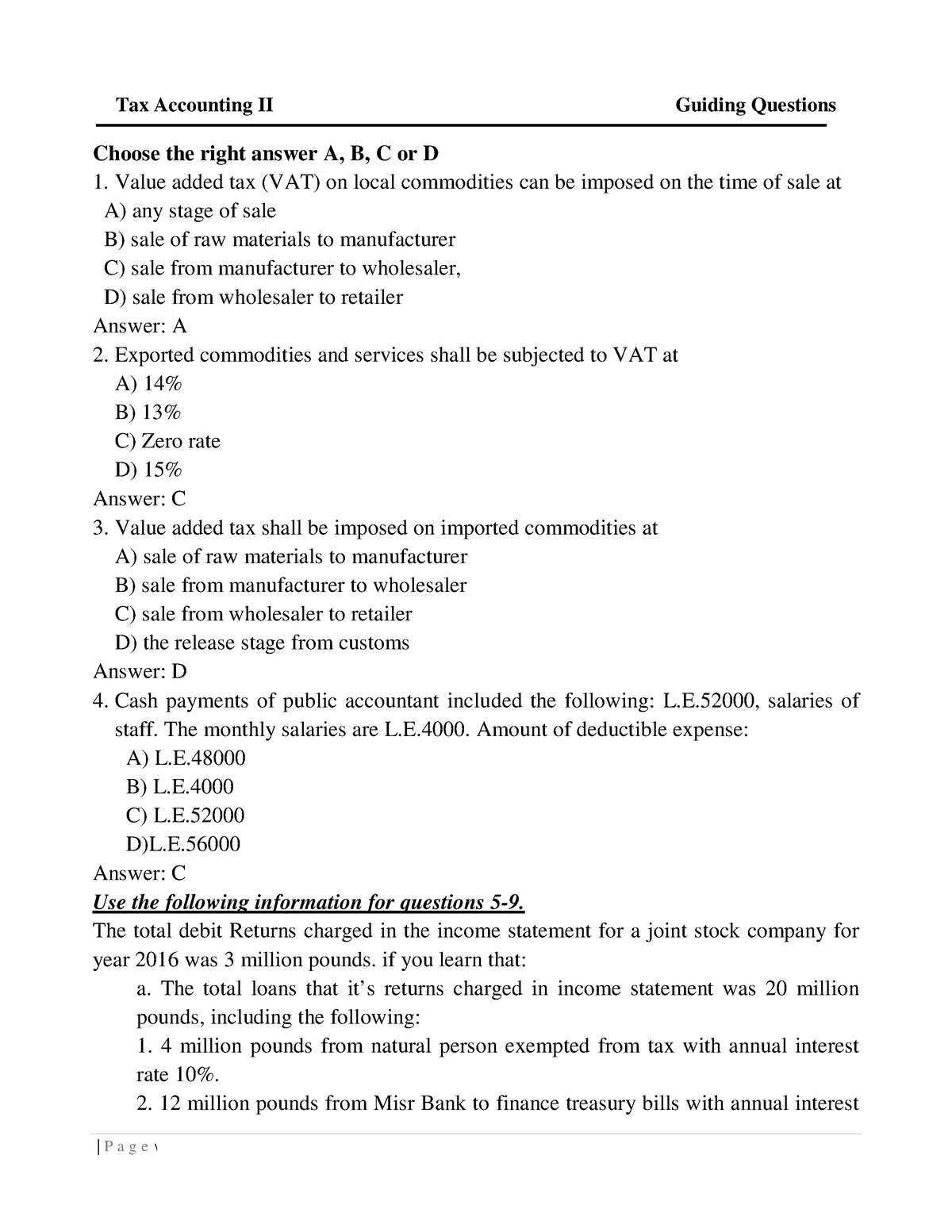 Tax Accounting - MCQ - | P A G E ١ Tax Accounting II Guiding Questions ...