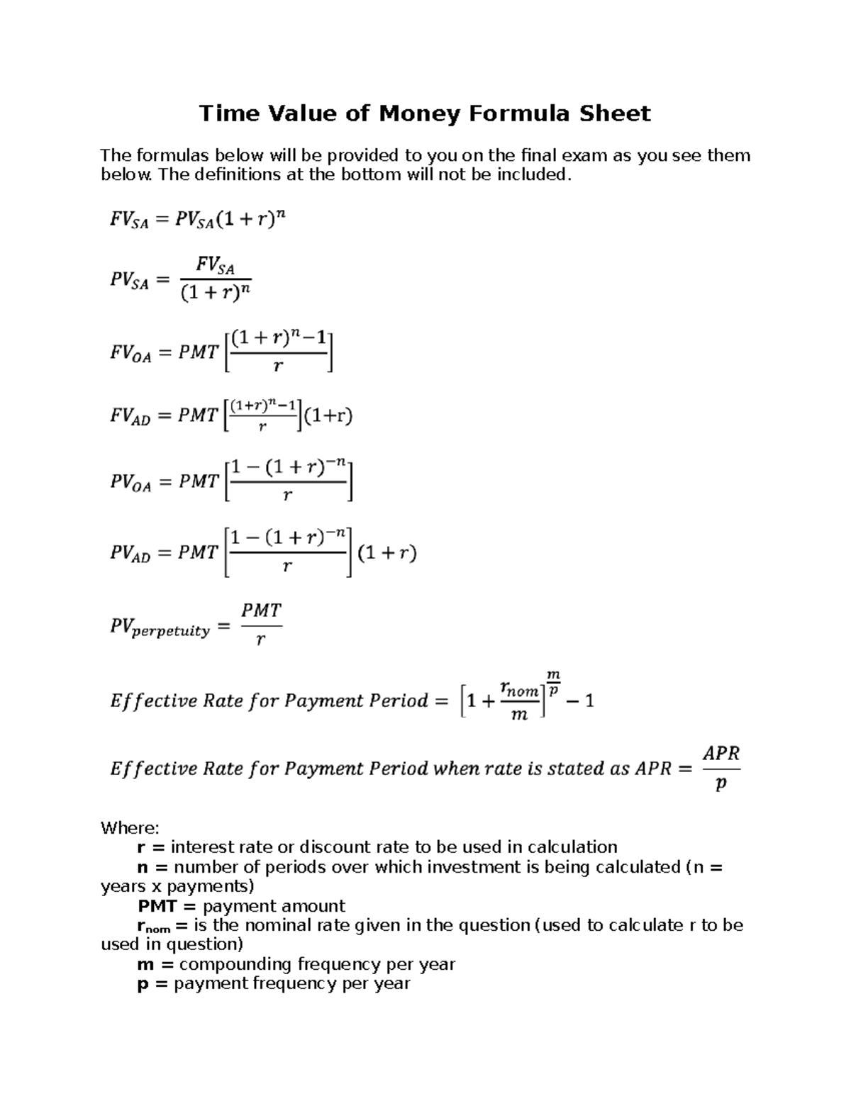 Time Value of Money Formula Sheet - The definitions at the bottom will ...