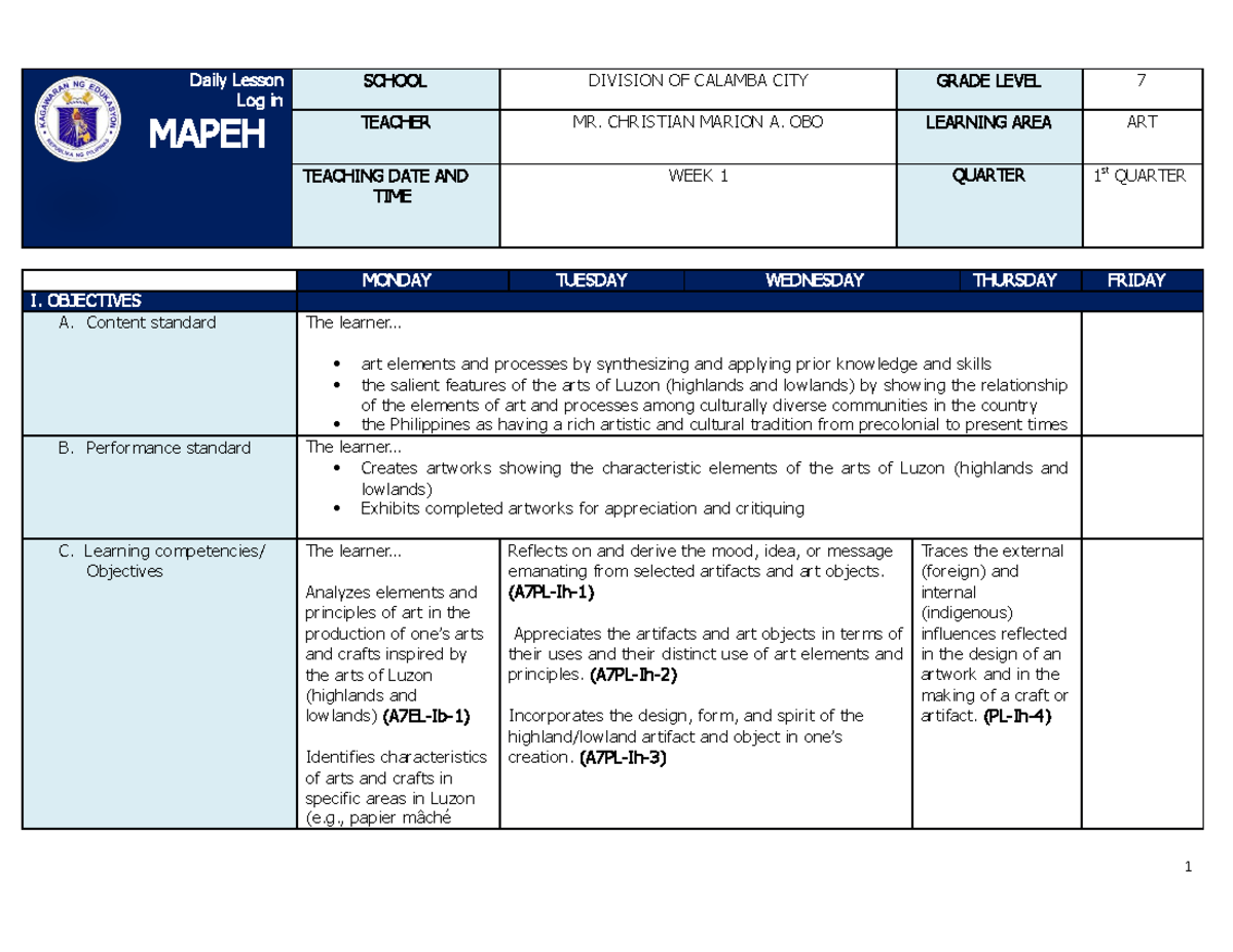 Q1 Grade 7 ARTS DLL Week 1 - Daily Lesson Log in MAPEH SCHOOL DIVISION ...