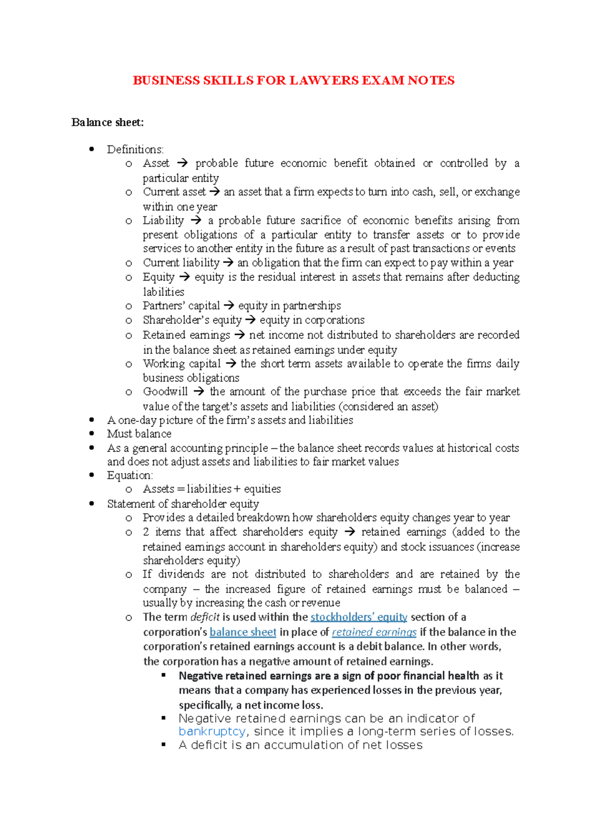 Business Skills FOR Lawyers EXAM Notes BUSINESS SKILLS FOR LAWYERS EXAM NOTES Balance sheet