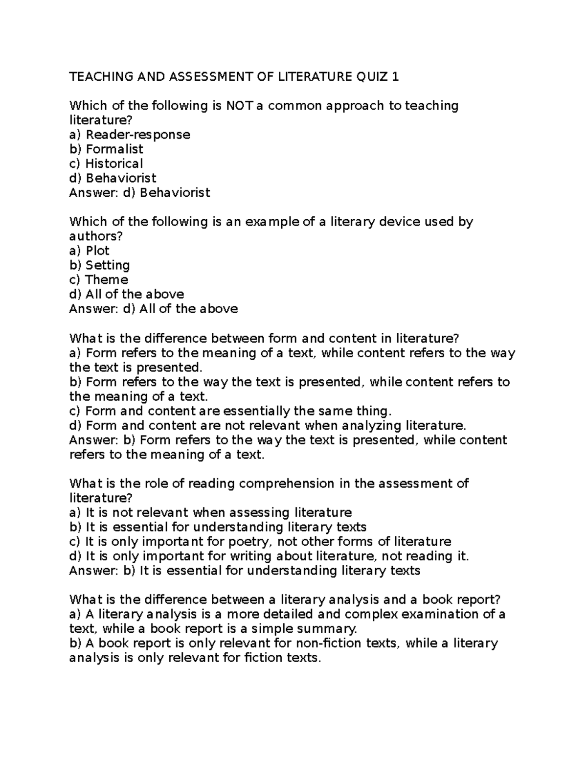 Teaching AND Assessment OF Literature QUIZ 1 TEACHING AND ASSESSMENT