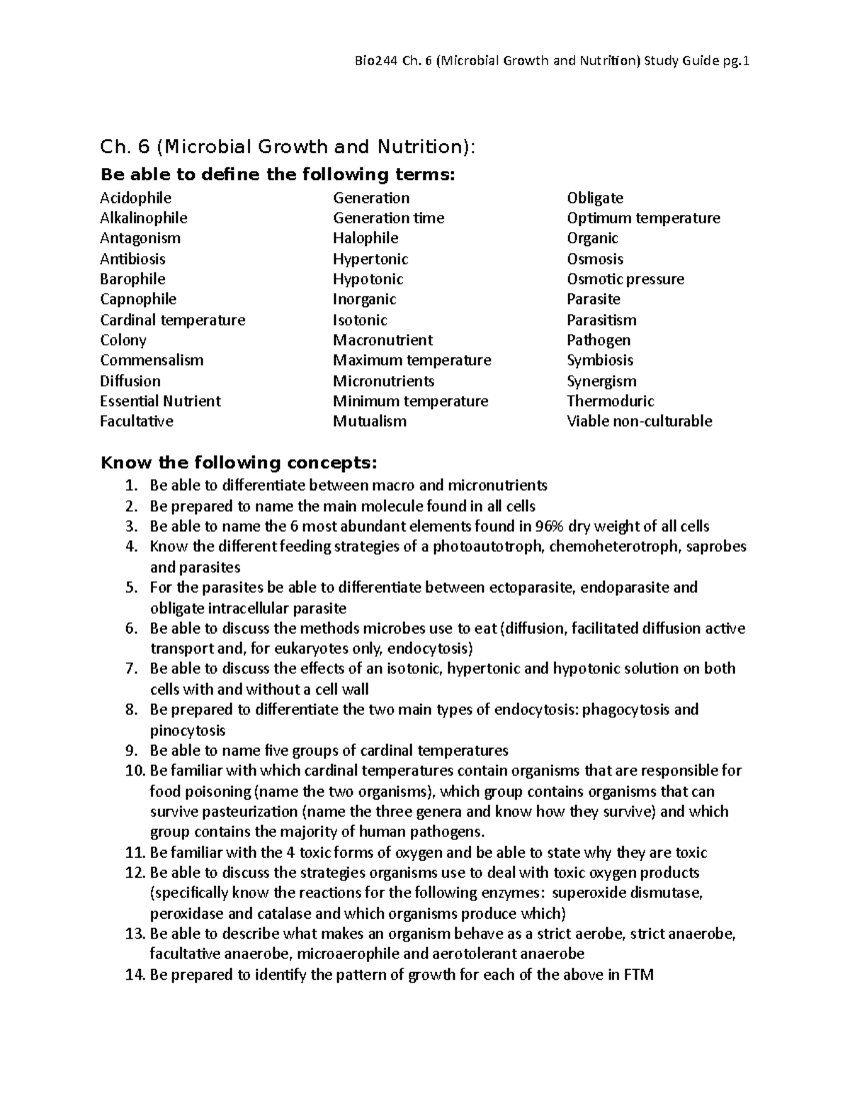 Ch. 6 (Microbial Growth) Study Guide - Bio244 Ch. 6 (Microbial Growth ...