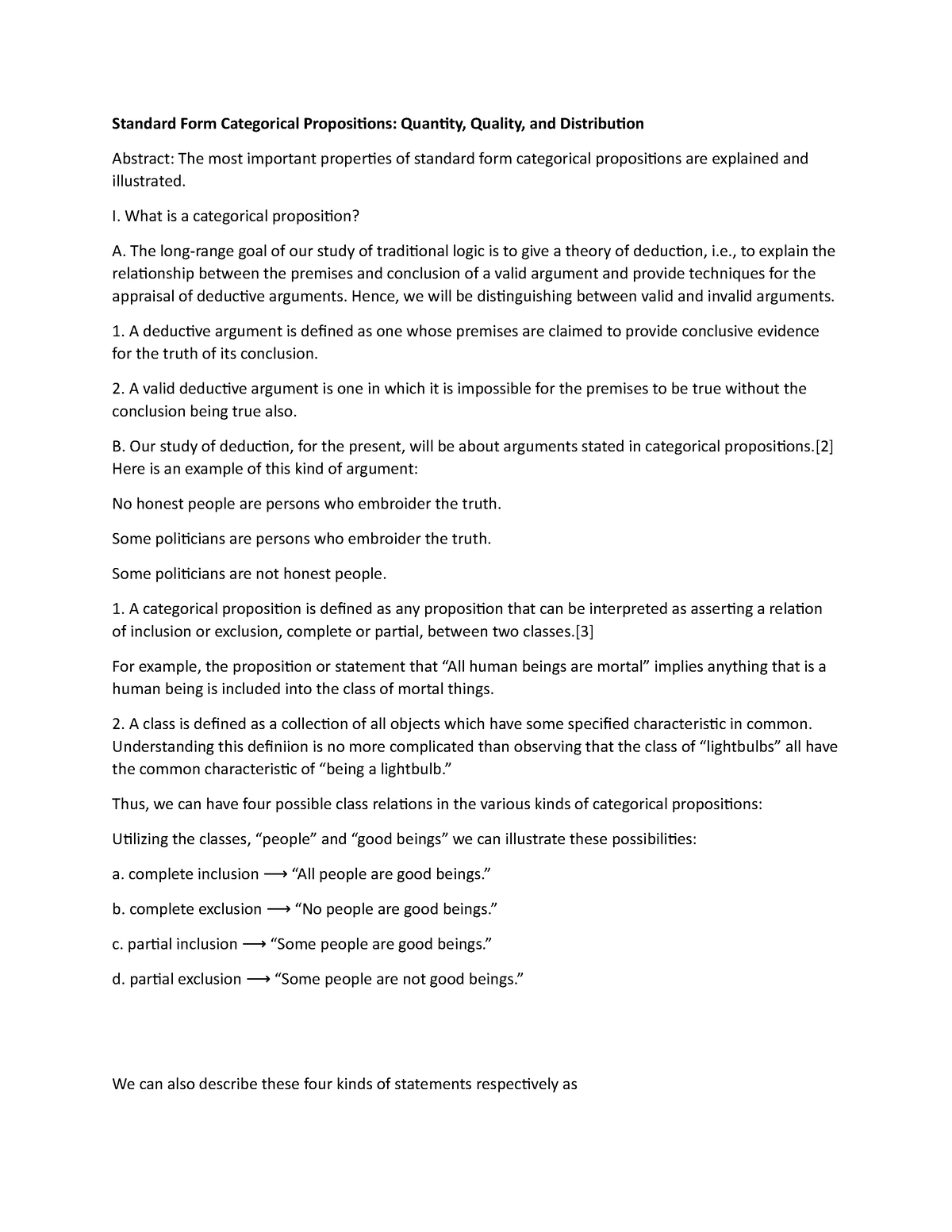 Standard Form Categorical Propositions - I. What is a categorical ...