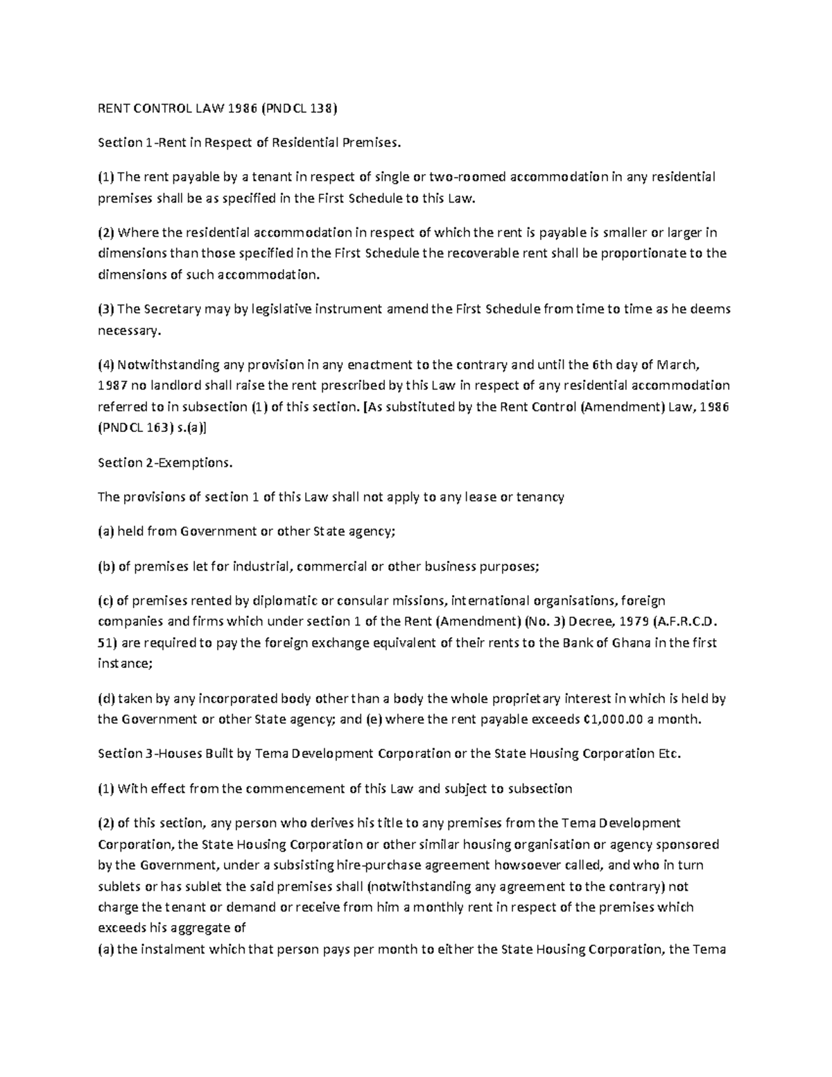 RENT Control LAW 1986 PNDC 138 RENT CONTROL LAW 1986 (PNDCL 138