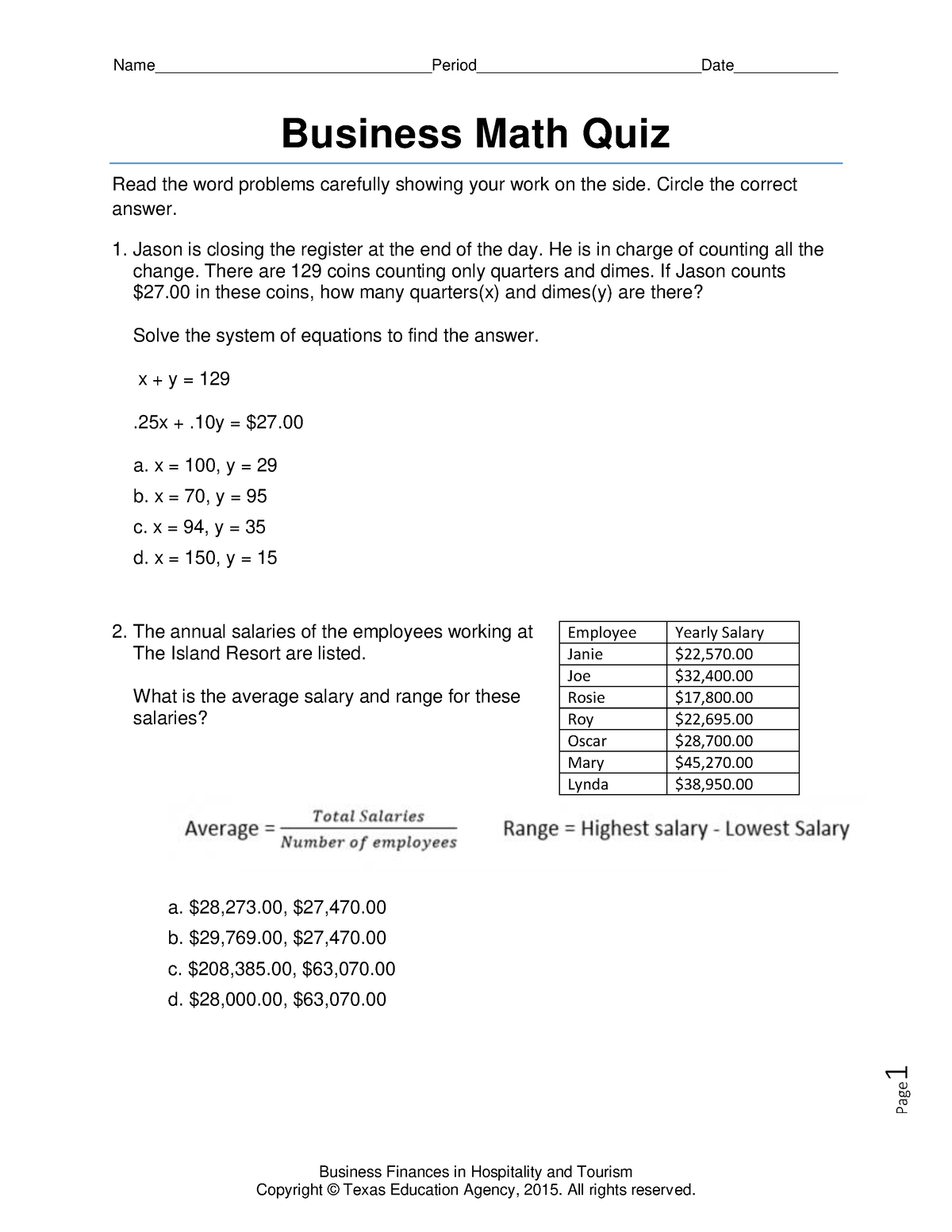 virtual business financing and business planning math quiz