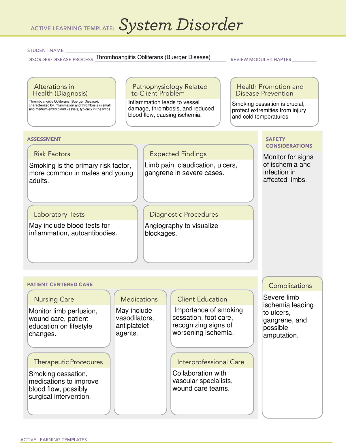 System disorder template ATI Buerger disease - ACTIVE LEARNING ...